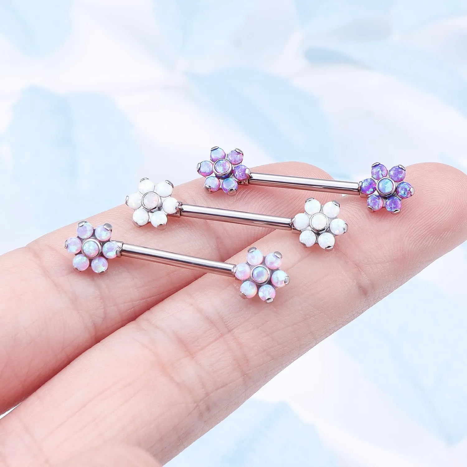 14G ASTM F136 Titanium Nipple Piercing Jewelry Flower CZ Opal Nipple Barbell Jewelry Internally Threaded G23 Solid Nipple Piercing Barbell Ring Jewelry for Women Men 14 Gauge