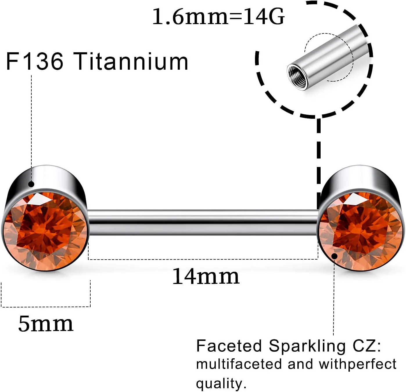 14G ASTM F136 Titanium Nipple Piercing Jewelry Round CZ Nipple Barbell Jewelry Internally Threaded G23 Solid Titanium Nipple Piercing Barbell Ring Jewelry for Women Men 14 Gauge