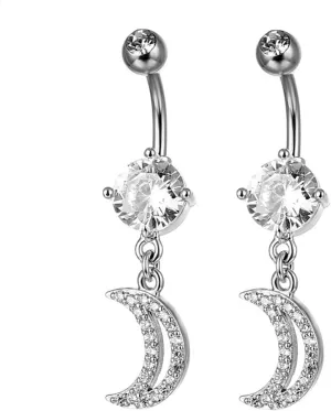 14G Belly Button Ring, 2Pcs Stainless-Steel Moon Body Piercing Jewelry, Piercing Body Jewelry for Women