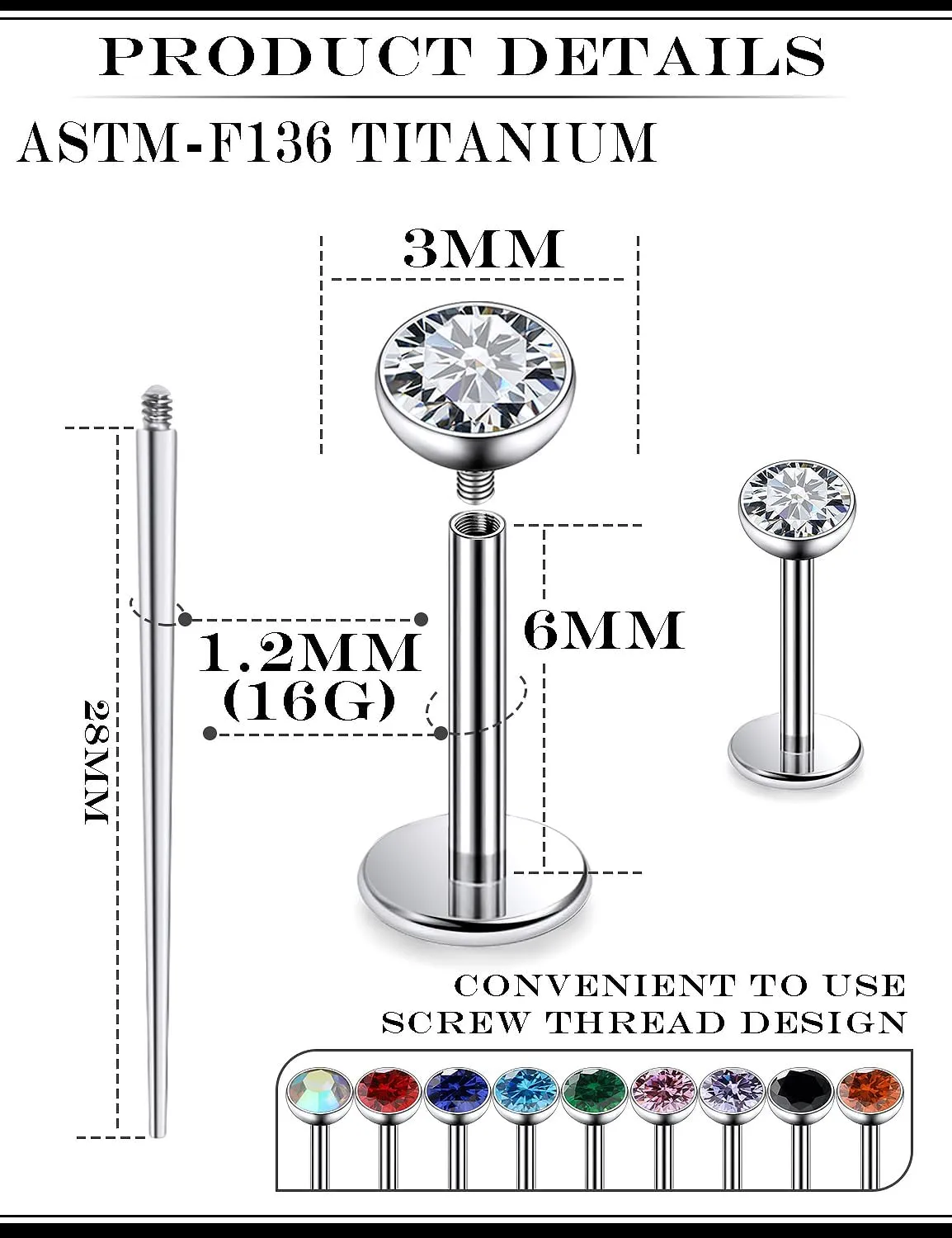 16G F136 Titanium Lip Rings Labret Jewelry Internally Threaded Monroe Lip Ring Medusa Snake Bite Piercing Jewelry Conch Tragus Forward Helix Cartilage Earring Studs Piercing Jewelry for Women