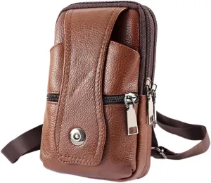 1Pc Creative Cowhide Waist Bag for Smartphones Portable Business Handbag with Hook and Strap Durable Multi Functional Pouch for Men Elegant Design Brown