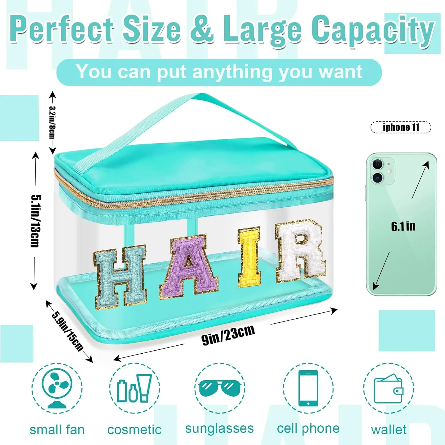 2 Pcs Chenille Letter Clear Makeup Bags FaceHair Pouch, Preppy Patch Travel Face Bag Zipper with Handle, Travel Hair Bags for Hair Stuff Waterproof Cosmetic Toiletry Storage for Women Girl(HAIR FACE)