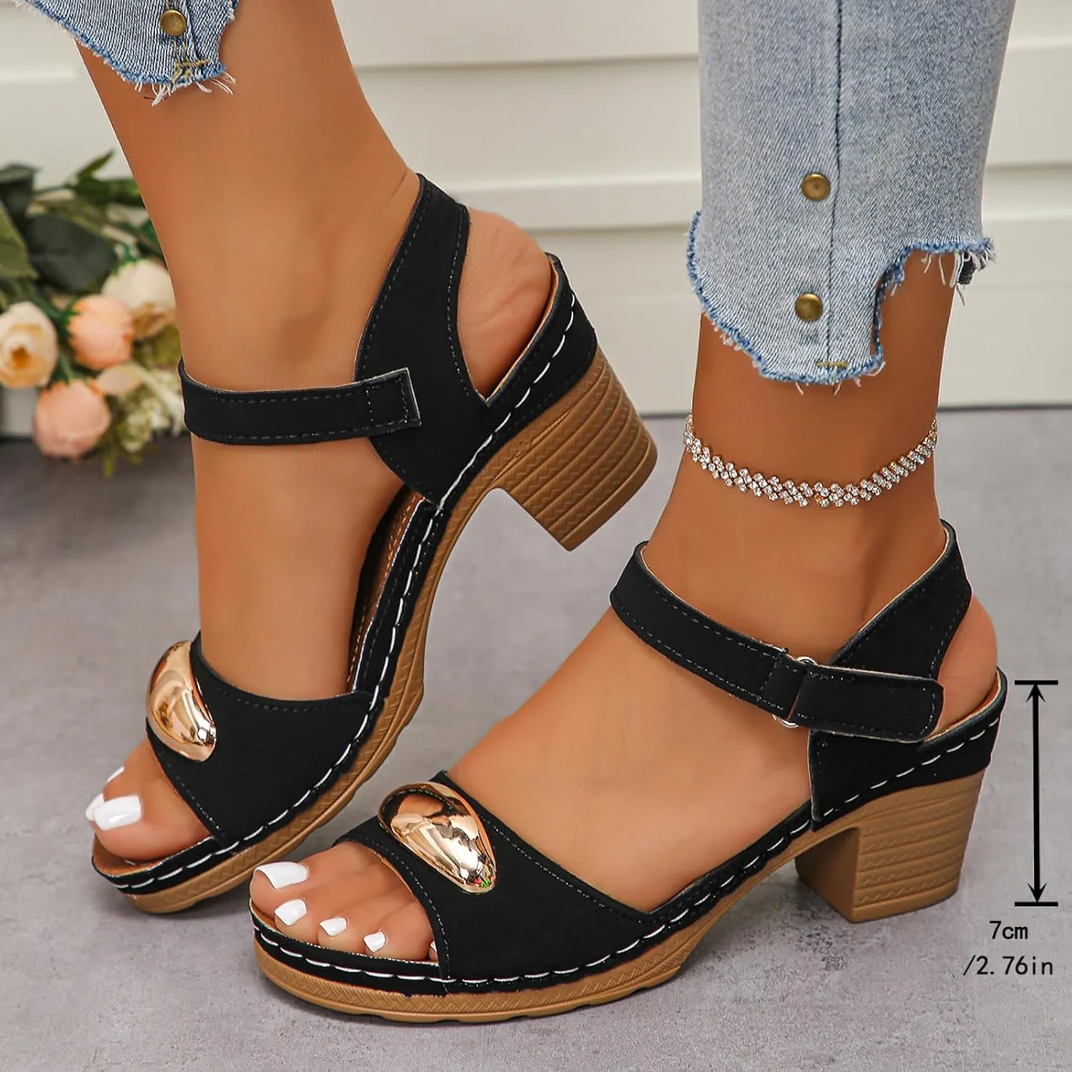 2025 Chunky Heels Sandals Breathable Dance Party Slides with Ankle Strap Summer Slip-On Walking Footwear Fashion Ladies Dress Casual Slippers Comfortable Open Toe Soft Sole Low Heel Shoes