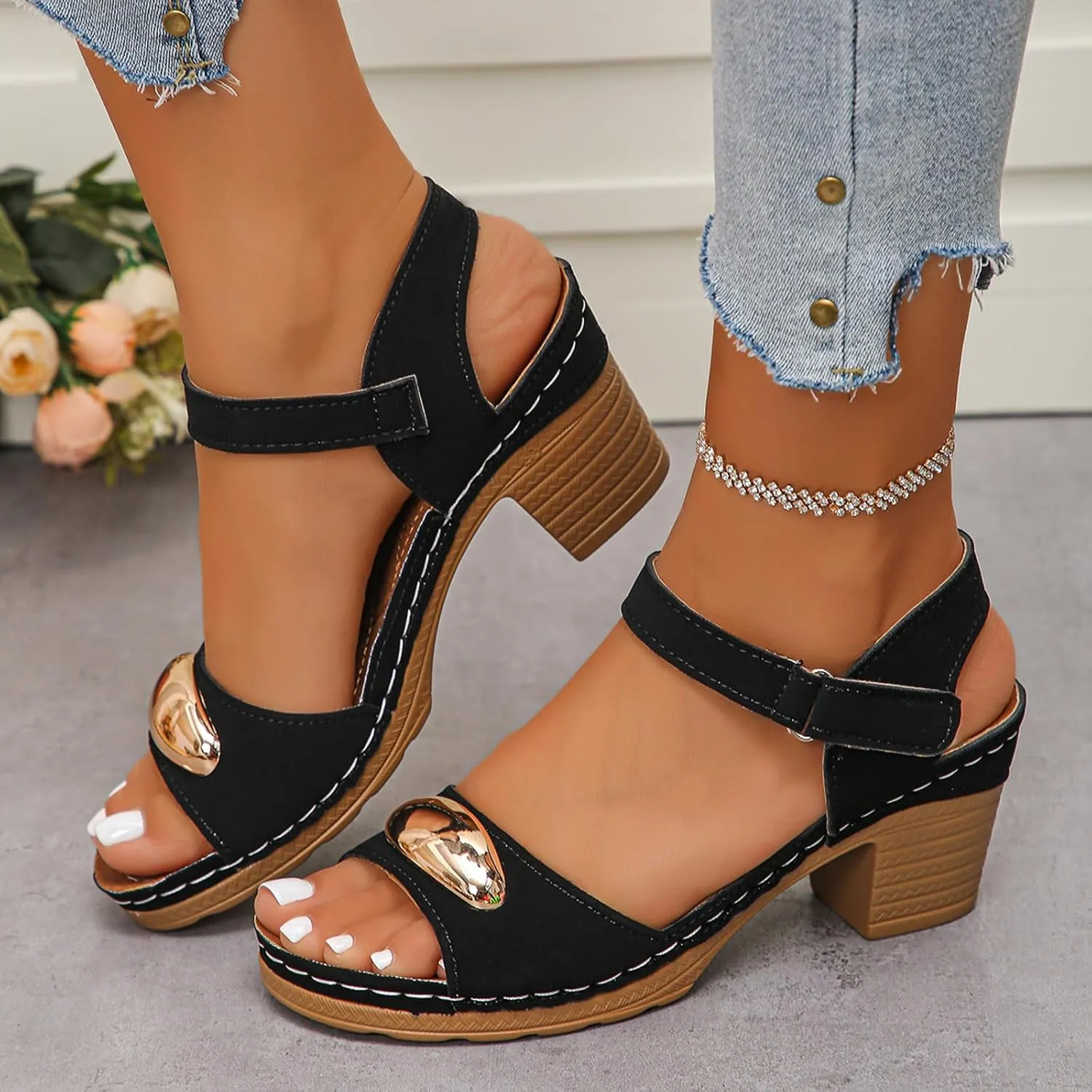 2025 Chunky Heels Sandals Breathable Dance Party Slides with Ankle Strap Summer Slip-On Walking Footwear Fashion Ladies Dress Casual Slippers Comfortable Open Toe Soft Sole Low Heel Shoes