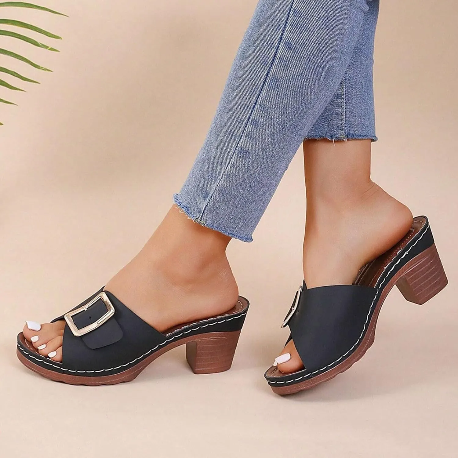 2025 Chunky Heels Sandals for Women Comfortable Ladies Dress Walking Footwear Fashion Open Toe Wedge Heel Shoe Summer Beach Vacation Slip-On Slippers Breathable Non-Slip Casual Slides