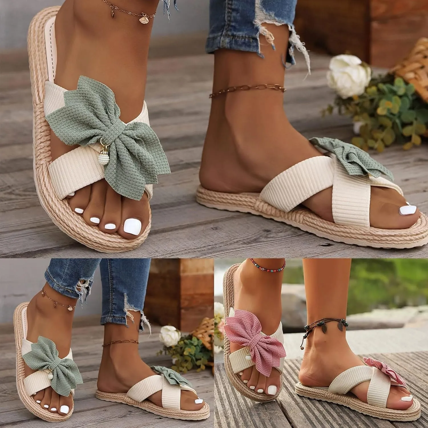 2025 Comfortable Women Flat Sandals Indoor Home Bathroom Shower Shoe Fashion Cute Bow Slip-On Walking Footwear Breathable Beach Vacation Casual Slippers Summer Ladies Dress Slides Shoes