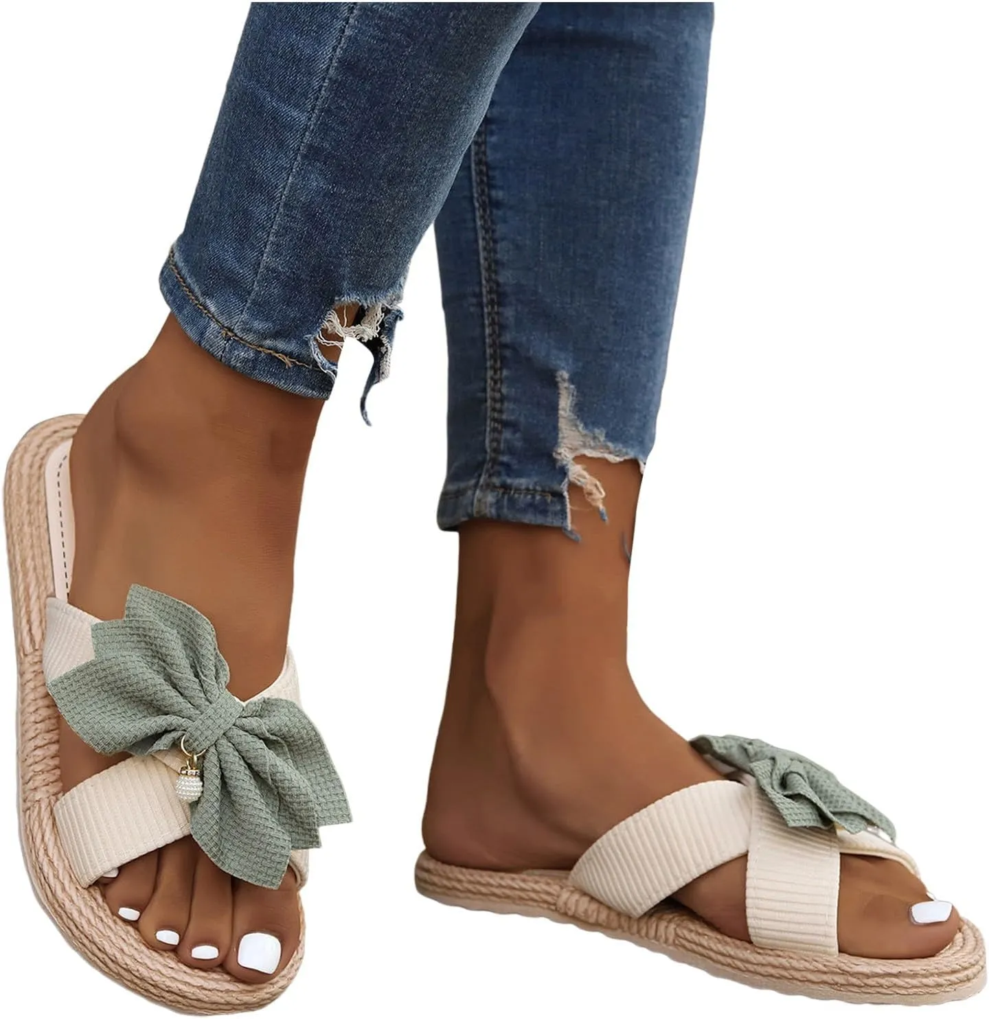 2025 Comfortable Women Flat Sandals Indoor Home Bathroom Shower Shoe Fashion Cute Bow Slip-On Walking Footwear Breathable Beach Vacation Casual Slippers Summer Ladies Dress Slides Shoes