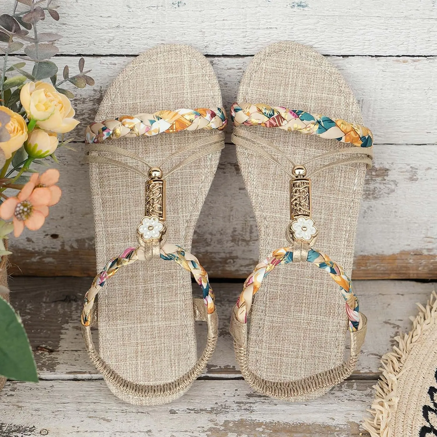 2025 Comfortable Women Flats Sandals Fashion Bohemian Walking Footwear with Ankle Strap Breathable Non-Slip Beach Vacation Slippers Summer Dressy Wedding Shoes Indoor/Outdoor Dance Party Loafer Shoe