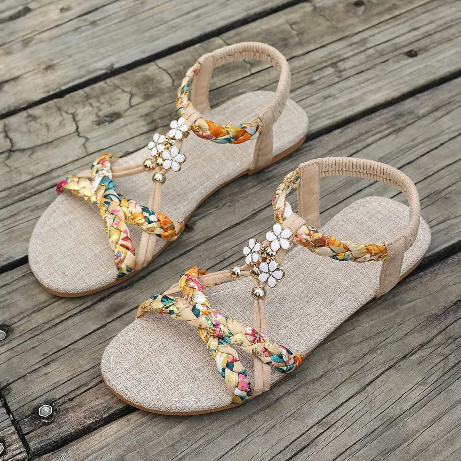 2025 Comfortable Women Flats Sandals Fashion Bohemian Walking Footwear with Ankle Strap Breathable Non-Slip Beach Vacation Slippers Summer Dressy Wedding Shoes Indoor/Outdoor Dance Party Loafer Shoe