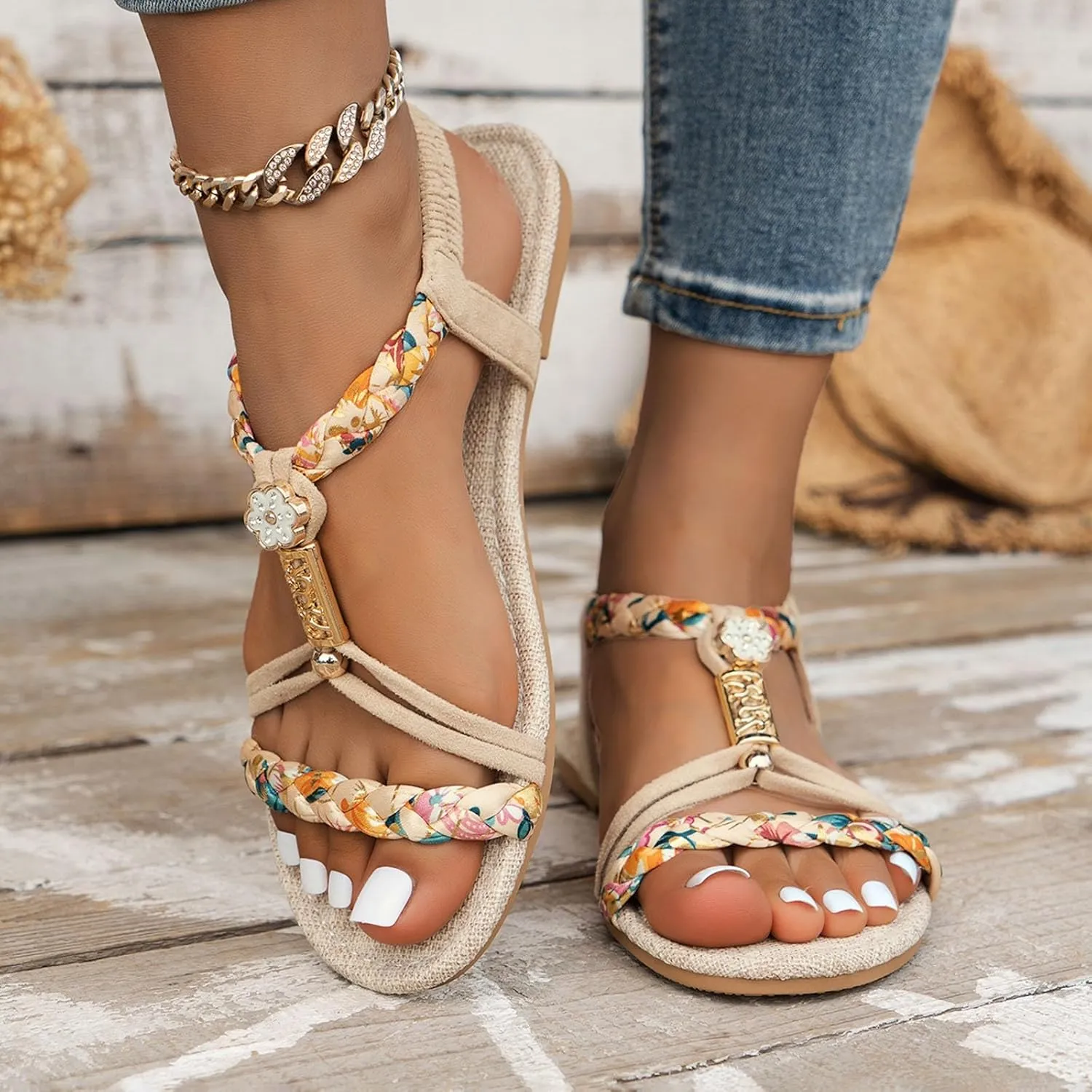 2025 Comfortable Women Flats Sandals Fashion Bohemian Walking Footwear with Ankle Strap Breathable Non-Slip Beach Vacation Slippers Summer Dressy Wedding Shoes Indoor/Outdoor Dance Party Loafer Shoe