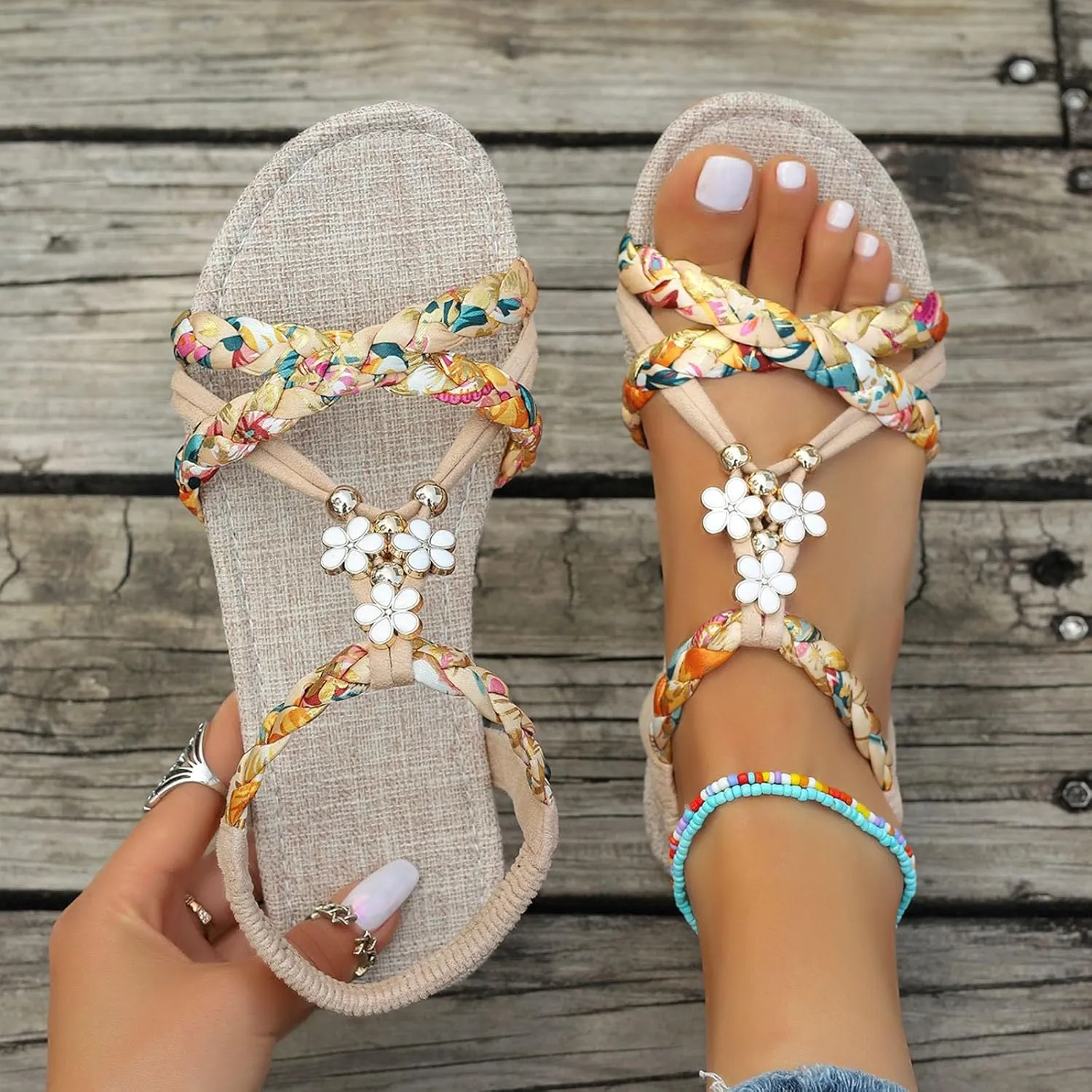 2025 Comfortable Women Flats Sandals Fashion Bohemian Walking Footwear with Ankle Strap Breathable Non-Slip Beach Vacation Slippers Summer Dressy Wedding Shoes Indoor/Outdoor Dance Party Loafer Shoe