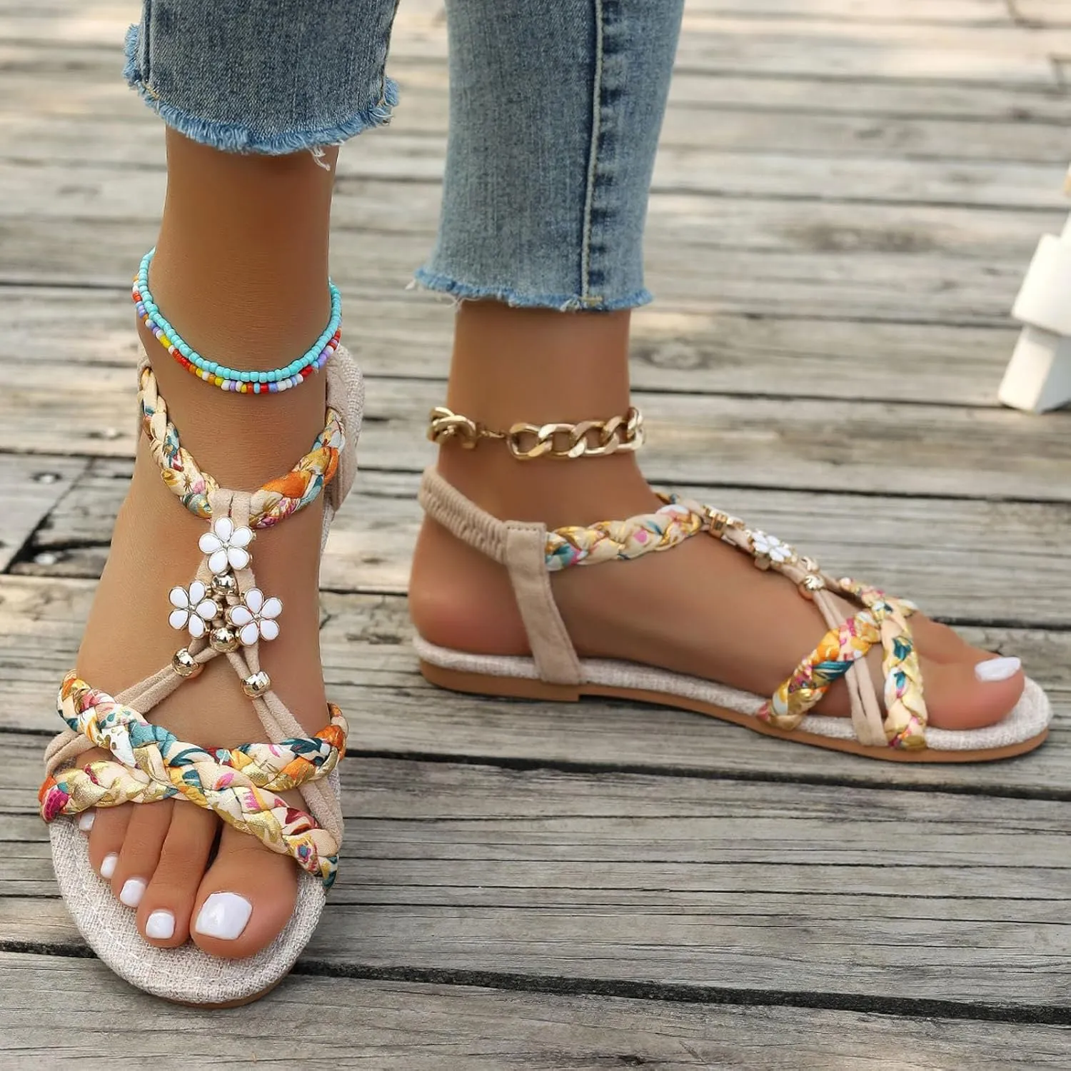 2025 Comfortable Women Flats Sandals Fashion Bohemian Walking Footwear with Ankle Strap Breathable Non-Slip Beach Vacation Slippers Summer Dressy Wedding Shoes Indoor/Outdoor Dance Party Loafer Shoe
