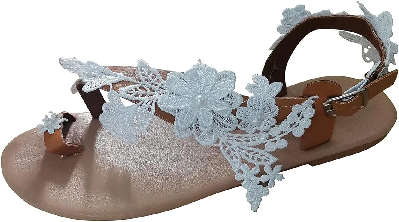 2025 Flat Sandals for Women Breathable Comfortable Cute Flower Wedding Party Dance Slippers Fashion Sexy Bride Non-Slip Vacation Walking Footwear Ladies Summer Dressy Peep Toe Casual Shoe