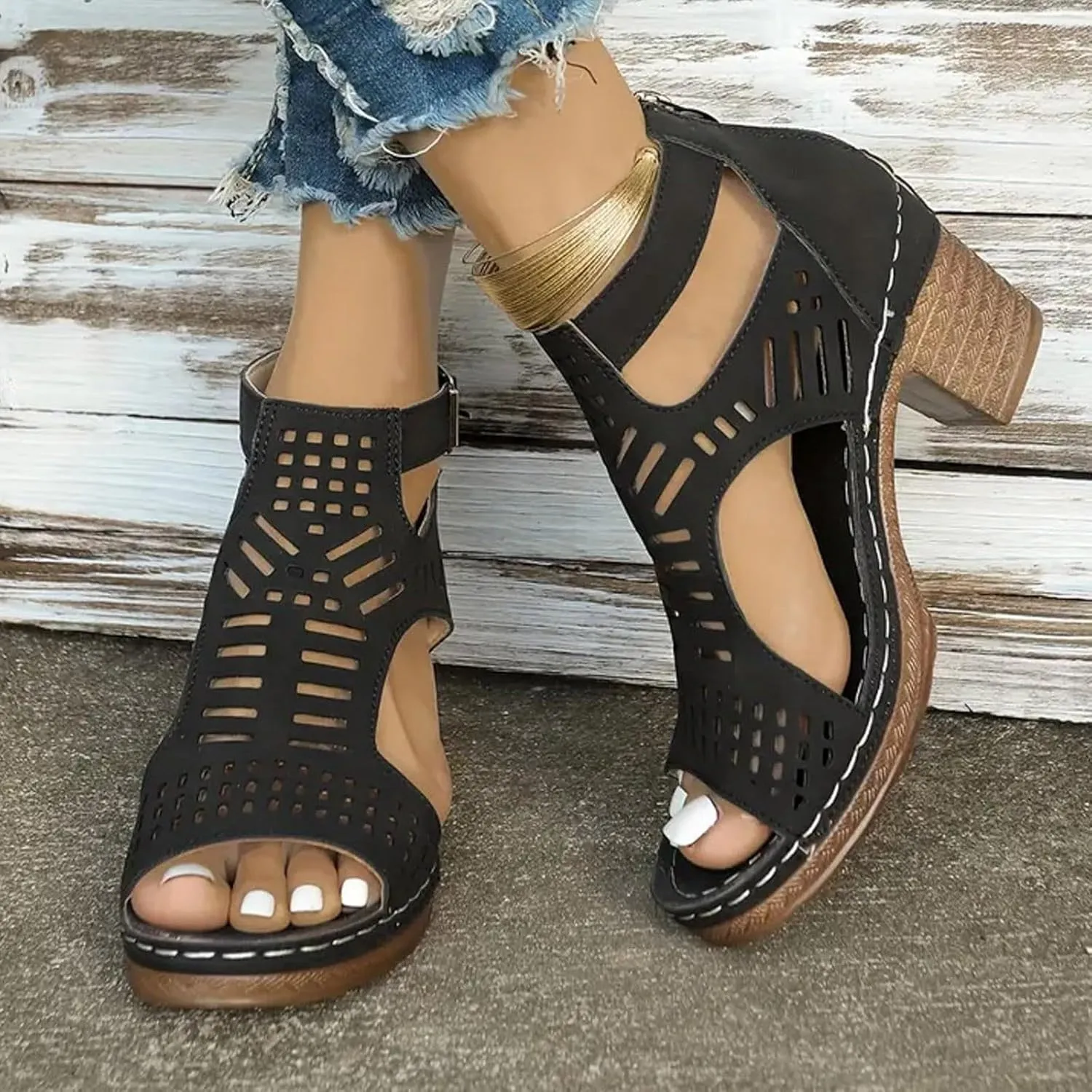 2025 Women Block Chunky Heels Sandals Breathable Cut-Out Non-Slip Walking Footwear Fashion Ladies Dress Beach Vacation Slippers Comfortable Wedge Heel Shoe Outdoor Slip-On Slides with Ankle Strap