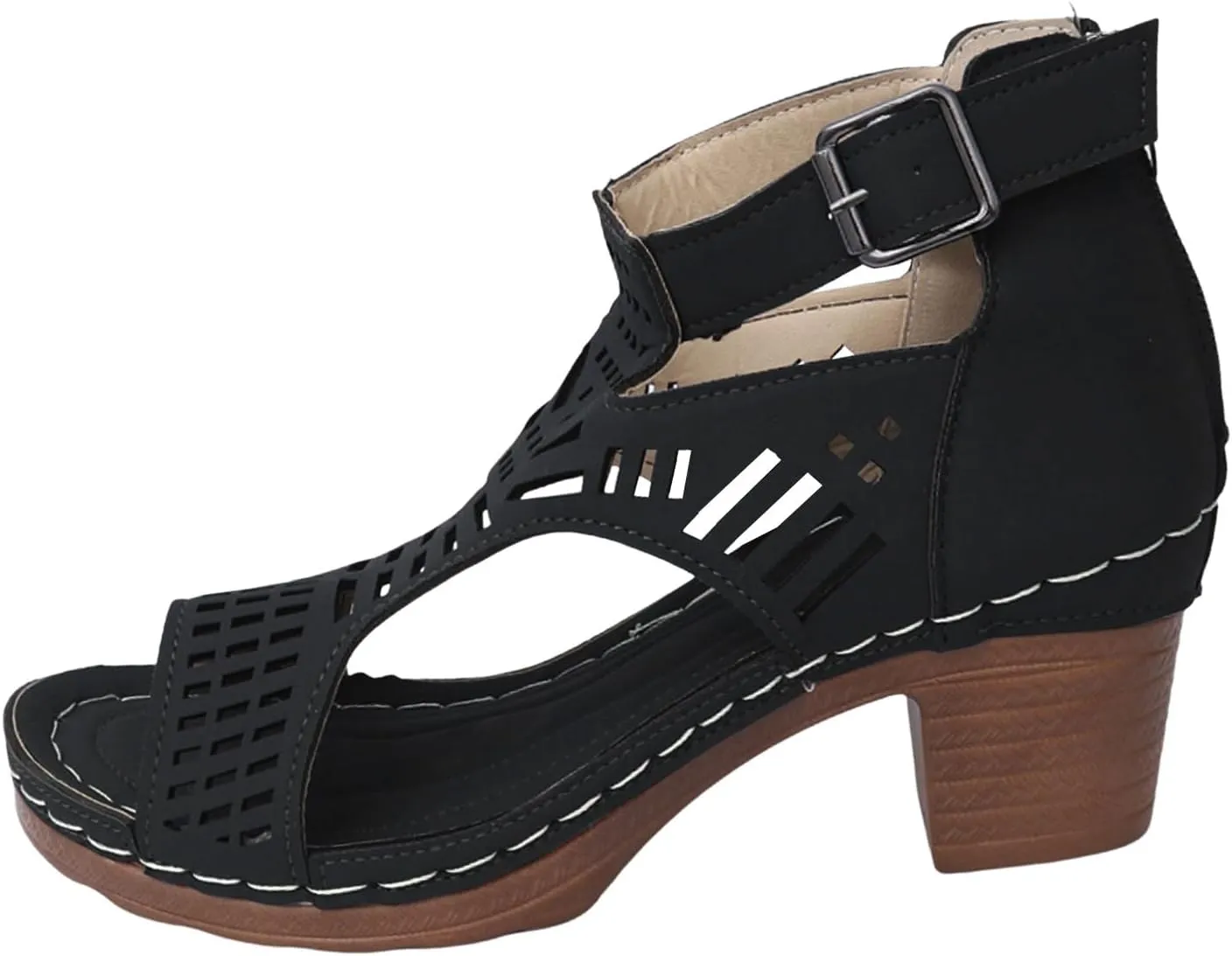 2025 Women Block Chunky Heels Sandals Breathable Cut-Out Non-Slip Walking Footwear Fashion Ladies Dress Beach Vacation Slippers Comfortable Wedge Heel Shoe Outdoor Slip-On Slides with Ankle Strap