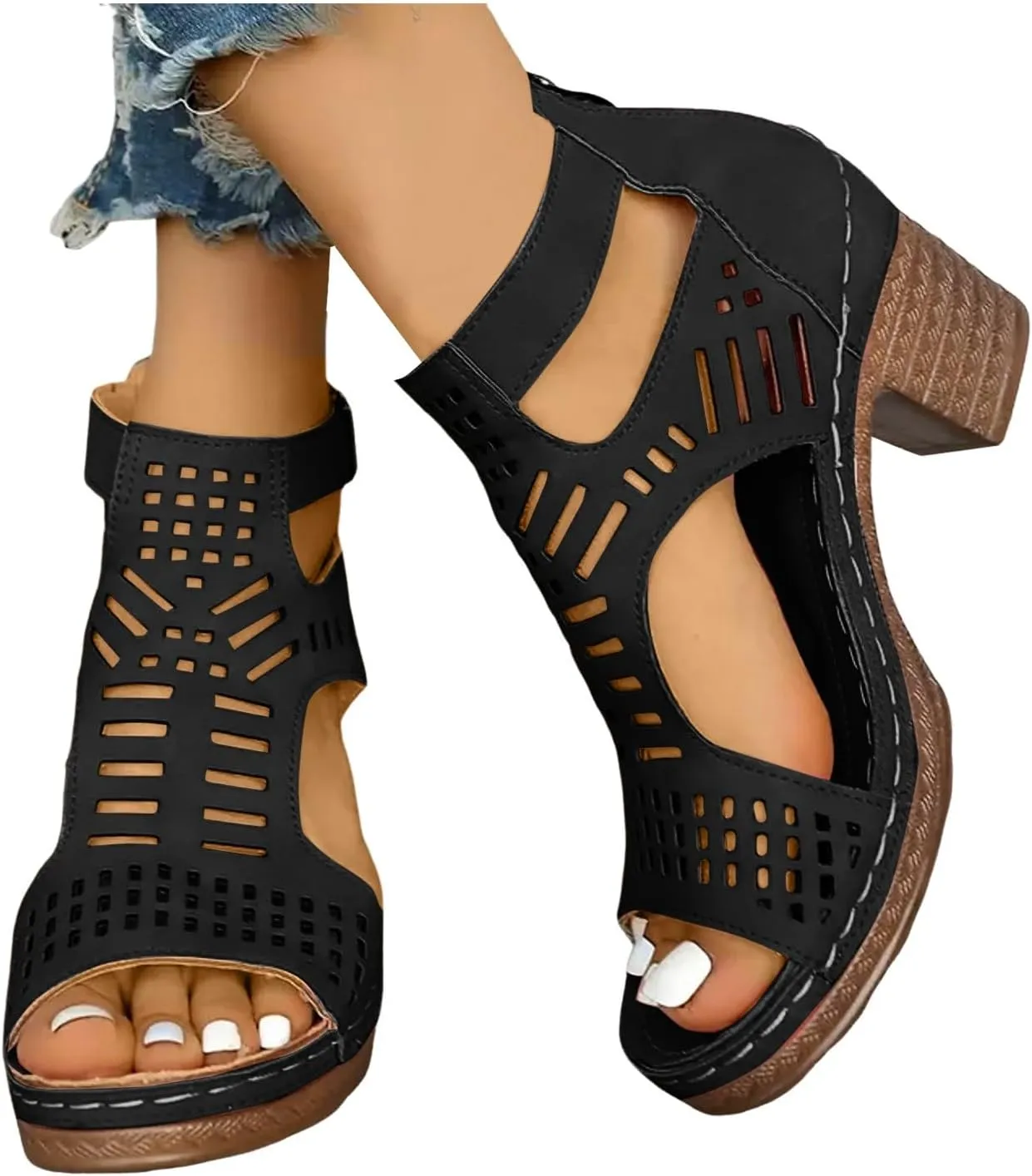 2025 Women Block Chunky Heels Sandals Breathable Cut-Out Non-Slip Walking Footwear Fashion Ladies Dress Beach Vacation Slippers Comfortable Wedge Heel Shoe Outdoor Slip-On Slides with Ankle Strap