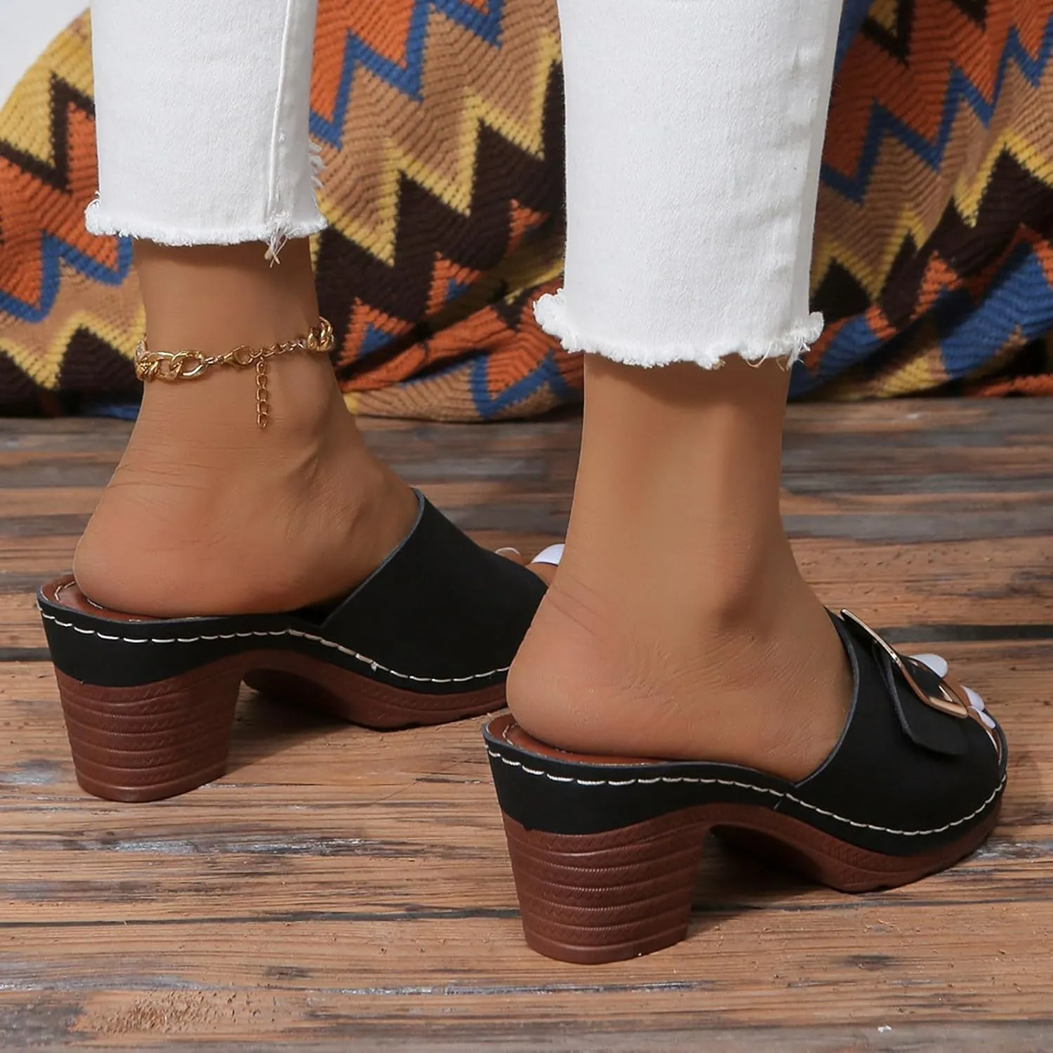 2025 Women Chunky Heels Sandals Comfortable Elegant Summer Slip-On Leather Walking Footwear Fashion Dance Party Height Increase Slippers Breathable Ladies Dress Beach Vacation Casual Shoe