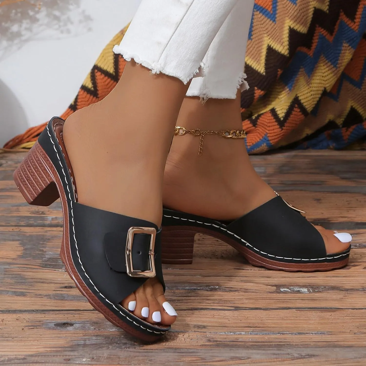 2025 Women Chunky Heels Sandals Comfortable Elegant Summer Slip-On Leather Walking Footwear Fashion Dance Party Height Increase Slippers Breathable Ladies Dress Beach Vacation Casual Shoe