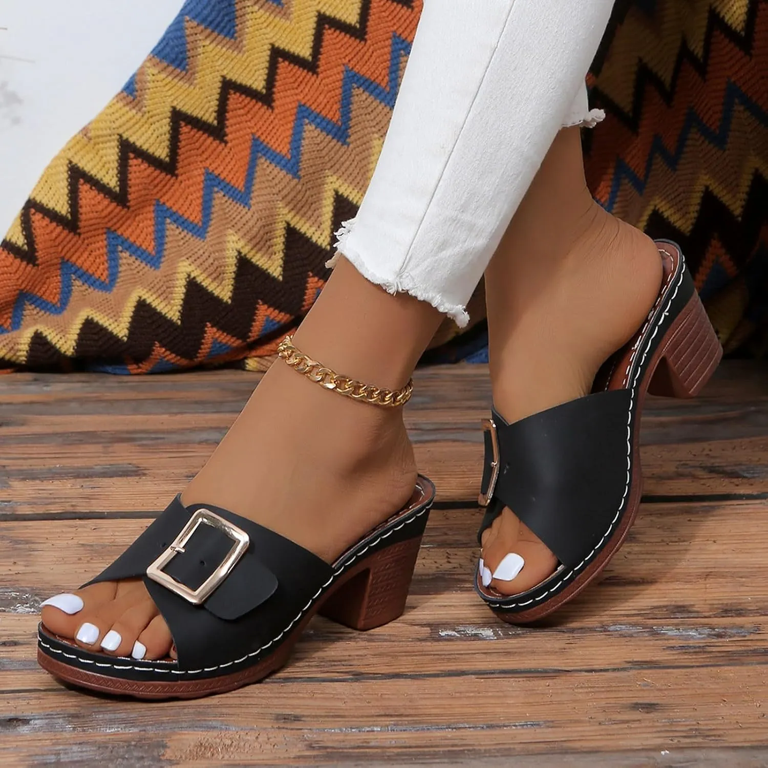 2025 Women Chunky Heels Sandals Comfortable Elegant Summer Slip-On Leather Walking Footwear Fashion Dance Party Height Increase Slippers Breathable Ladies Dress Beach Vacation Casual Shoe