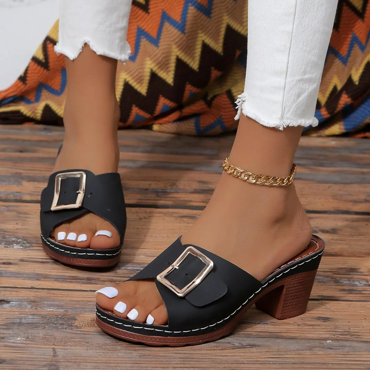 2025 Women Chunky Heels Sandals Comfortable Elegant Summer Slip-On Leather Walking Footwear Fashion Dance Party Height Increase Slippers Breathable Ladies Dress Beach Vacation Casual Shoe