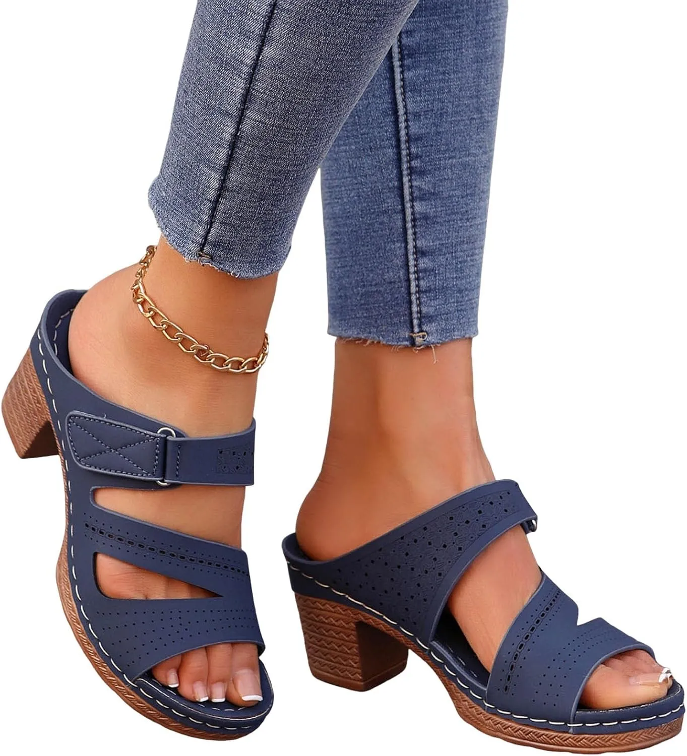 2025 Women Chunky Heels Sandals Fashion Elegant Peep Toe Height Increase Casual Shoe Breathable Slip-On Beach Vacation Slippers Summer Comfortable Ladies Dress Party Dance Walking Footwear
