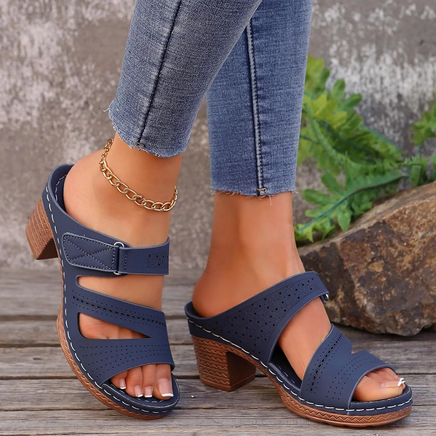 2025 Women Chunky Heels Sandals Fashion Elegant Peep Toe Height Increase Casual Shoe Breathable Slip-On Beach Vacation Slippers Summer Comfortable Ladies Dress Party Dance Walking Footwear