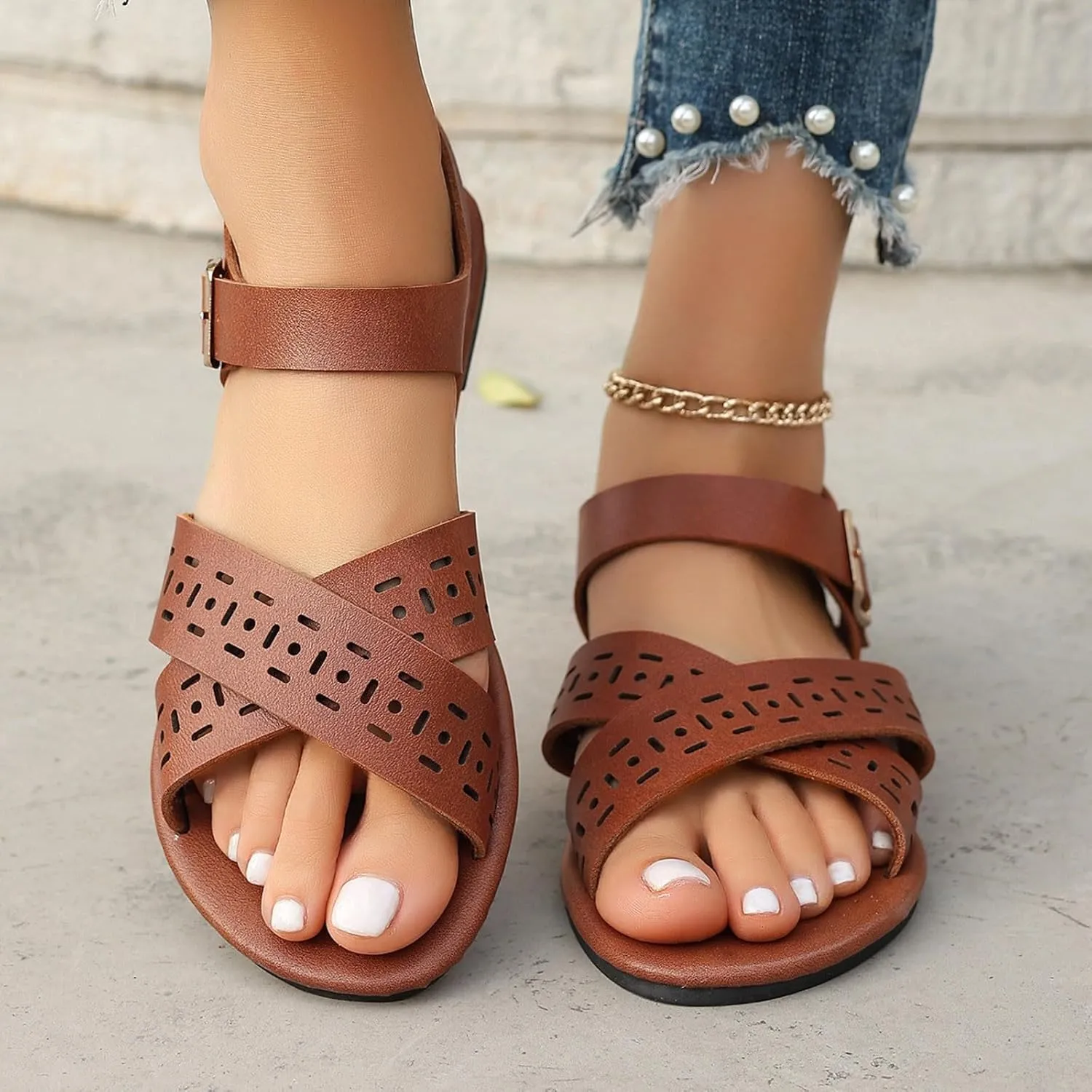 2025 Women Flat Sandals Breathable Comfortable Peep Toe Walking Slippers Fashion summer Dressy Party Casual Shoe with Adjustable Buckle Non-Slip Soft Sole Slip-On Footwear with Ankle Strap