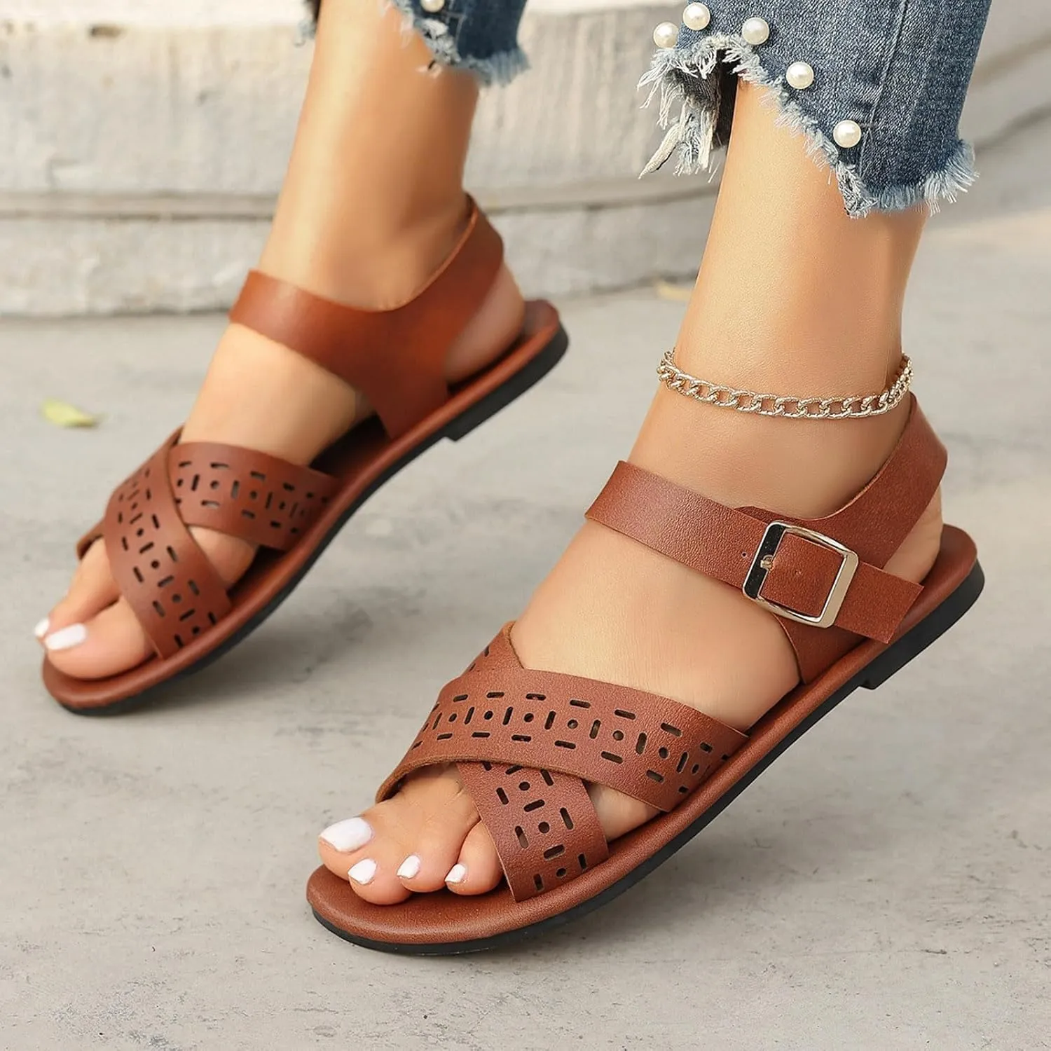 2025 Women Flat Sandals Breathable Comfortable Peep Toe Walking Slippers Fashion summer Dressy Party Casual Shoe with Adjustable Buckle Non-Slip Soft Sole Slip-On Footwear with Ankle Strap