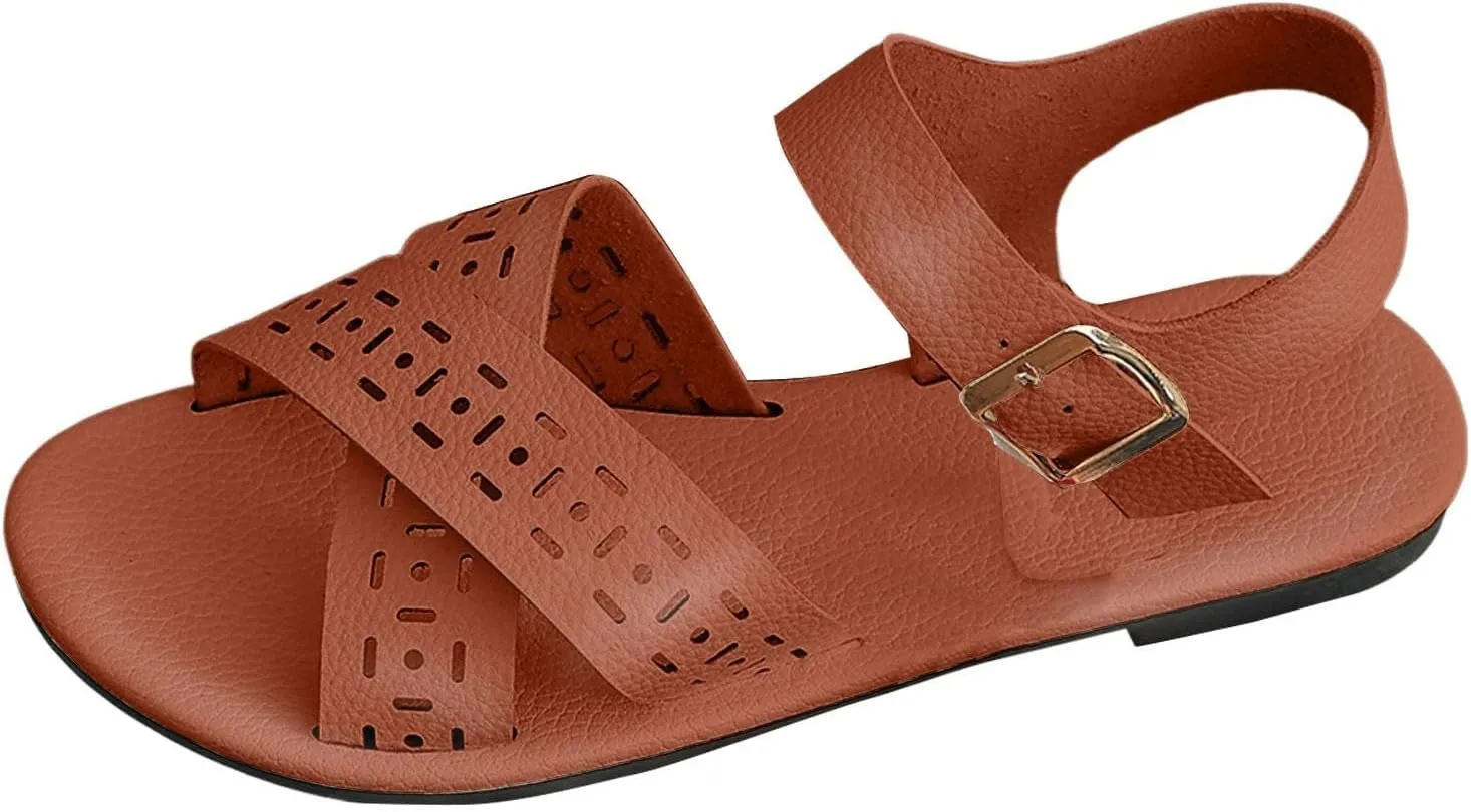 2025 Women Flat Sandals Breathable Comfortable Peep Toe Walking Slippers Fashion summer Dressy Party Casual Shoe with Adjustable Buckle Non-Slip Soft Sole Slip-On Footwear with Ankle Strap