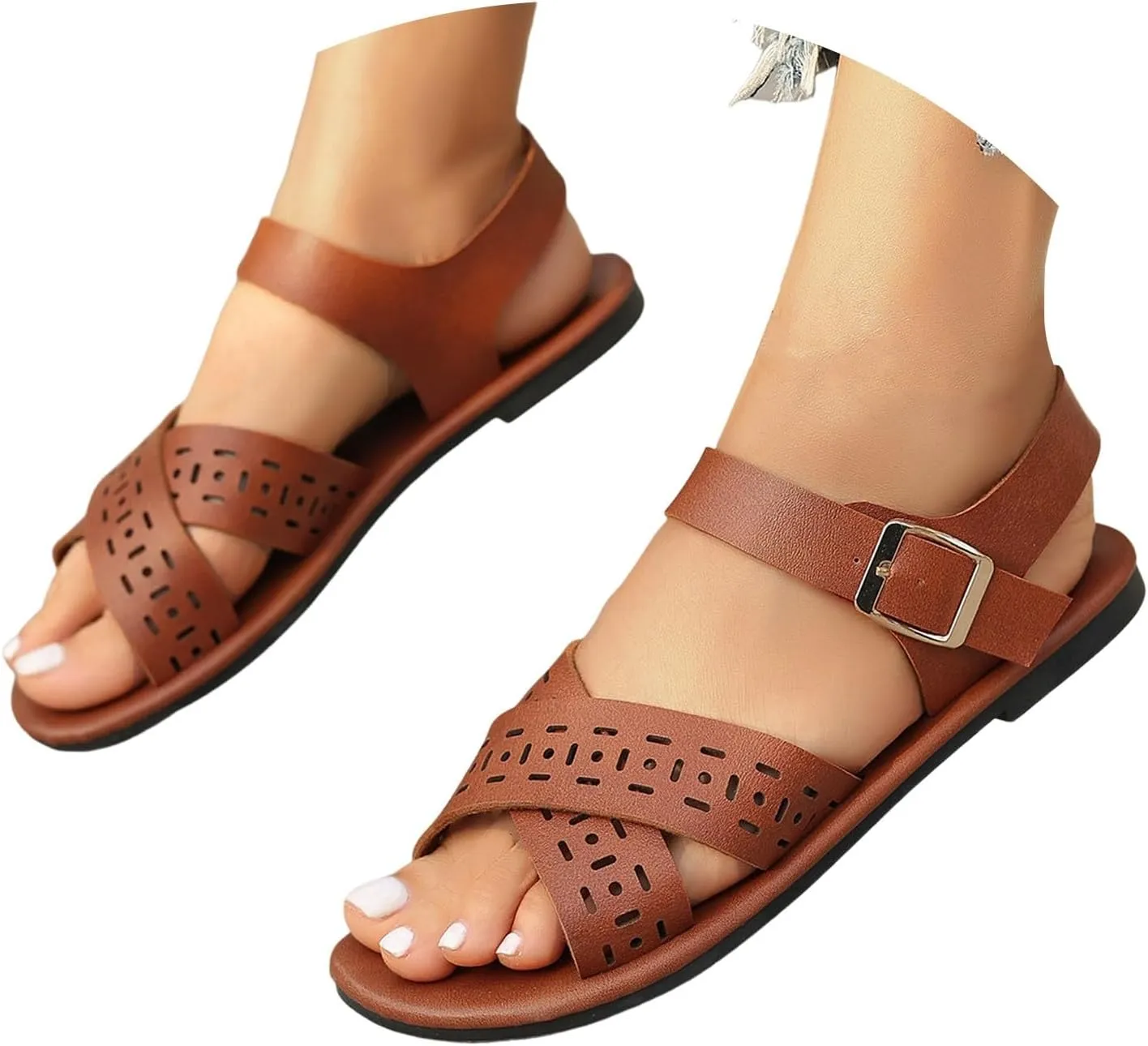2025 Women Flat Sandals Breathable Comfortable Peep Toe Walking Slippers Fashion summer Dressy Party Casual Shoe with Adjustable Buckle Non-Slip Soft Sole Slip-On Footwear with Ankle Strap