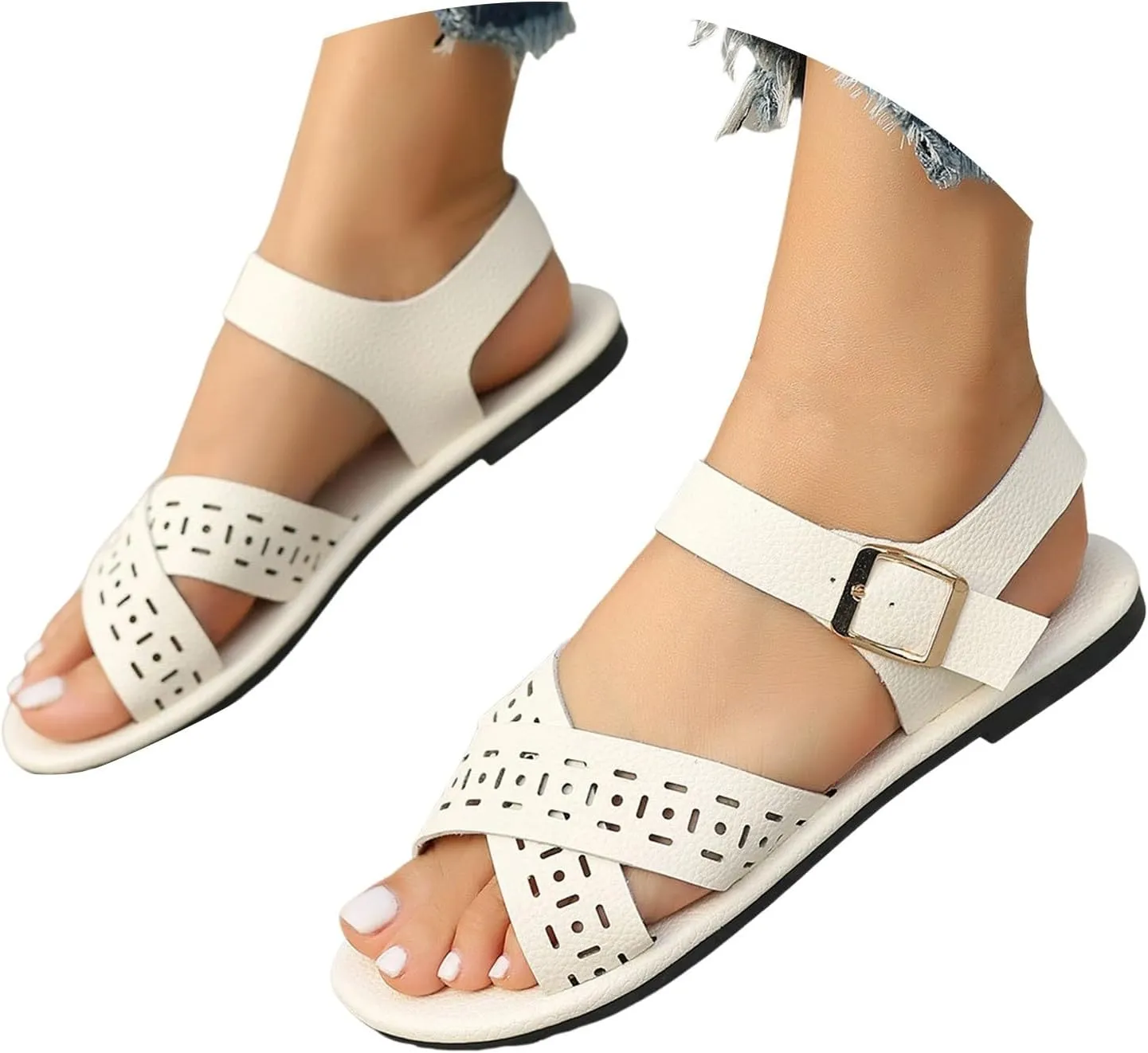 2025 Women Flat Sandals Breathable Comfortable Peep Toe Walking Slippers Fashion summer Dressy Party Casual Shoe with Adjustable Buckle Non-Slip Soft Sole Slip-On Footwear with Ankle Strap