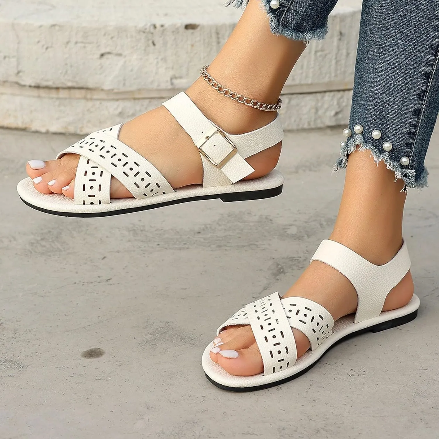 2025 Women Flat Sandals Breathable Comfortable Peep Toe Walking Slippers Fashion summer Dressy Party Casual Shoe with Adjustable Buckle Non-Slip Soft Sole Slip-On Footwear with Ankle Strap