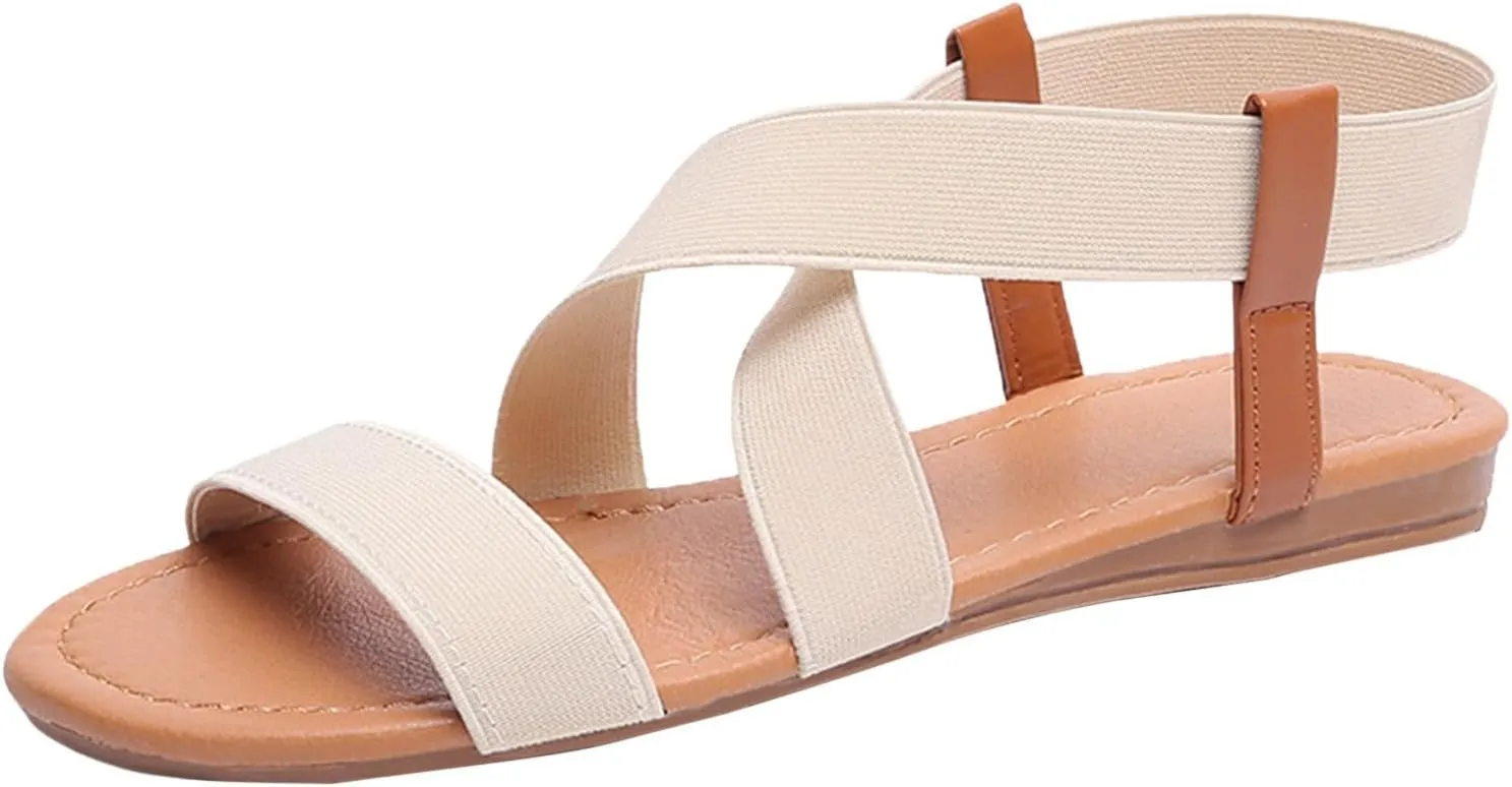 2025 Women Flat Slippers Fashion Comfortable Breathable Non-Slip Casual Shoe with Elastic Ankle Strap summer Dressy Open Toe Slip-On Soft Sole Sandals Indoor/Outdoor Vacation Walking Footwear