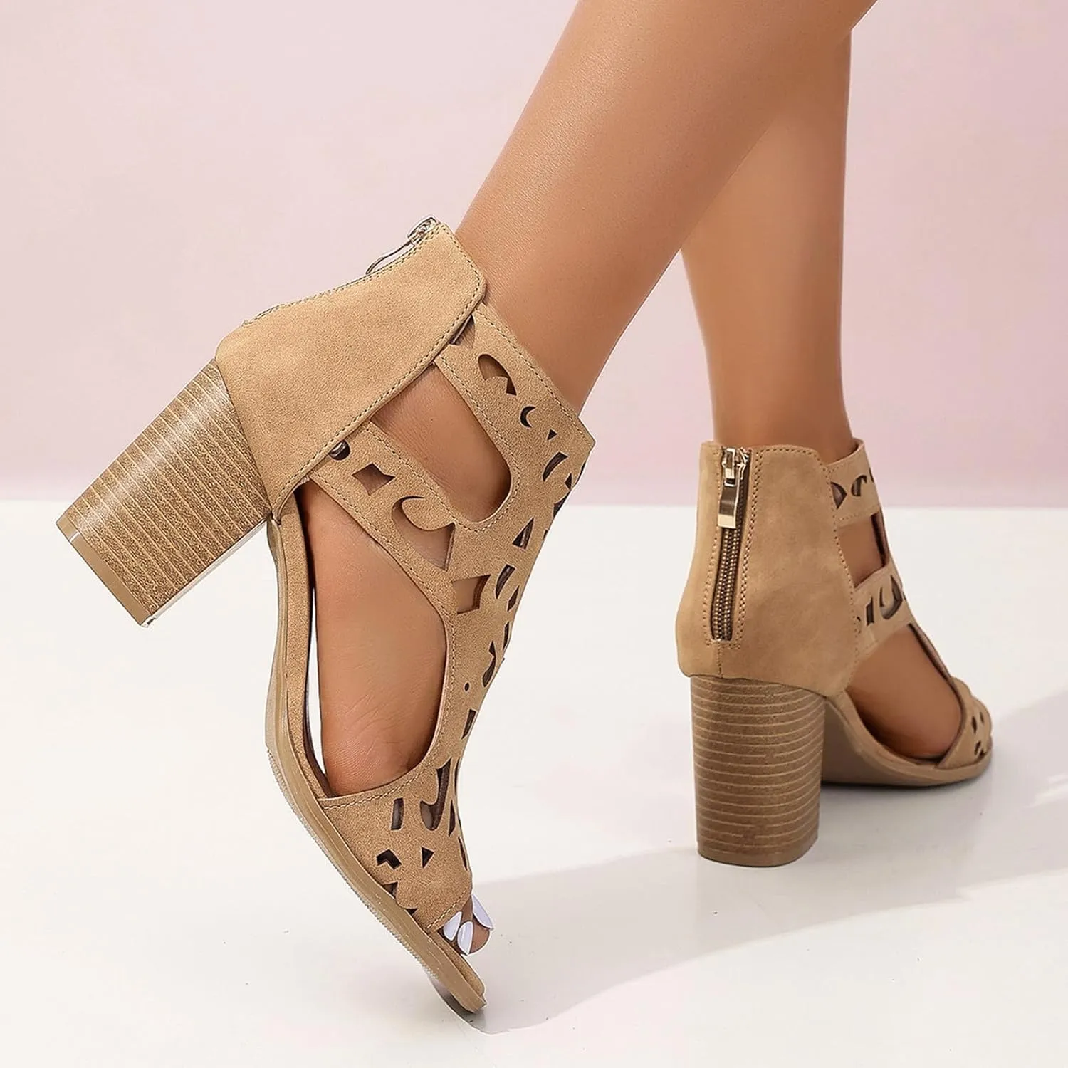 2025 Women High Heel Shoes Comfortable Cut-Out Roman Retro Vacation Sandals with Zipper Summer Beach Party Dress Dance Footwear Fashion Sexy Non-Slip Open Toe Soft Sole Walking Slipper