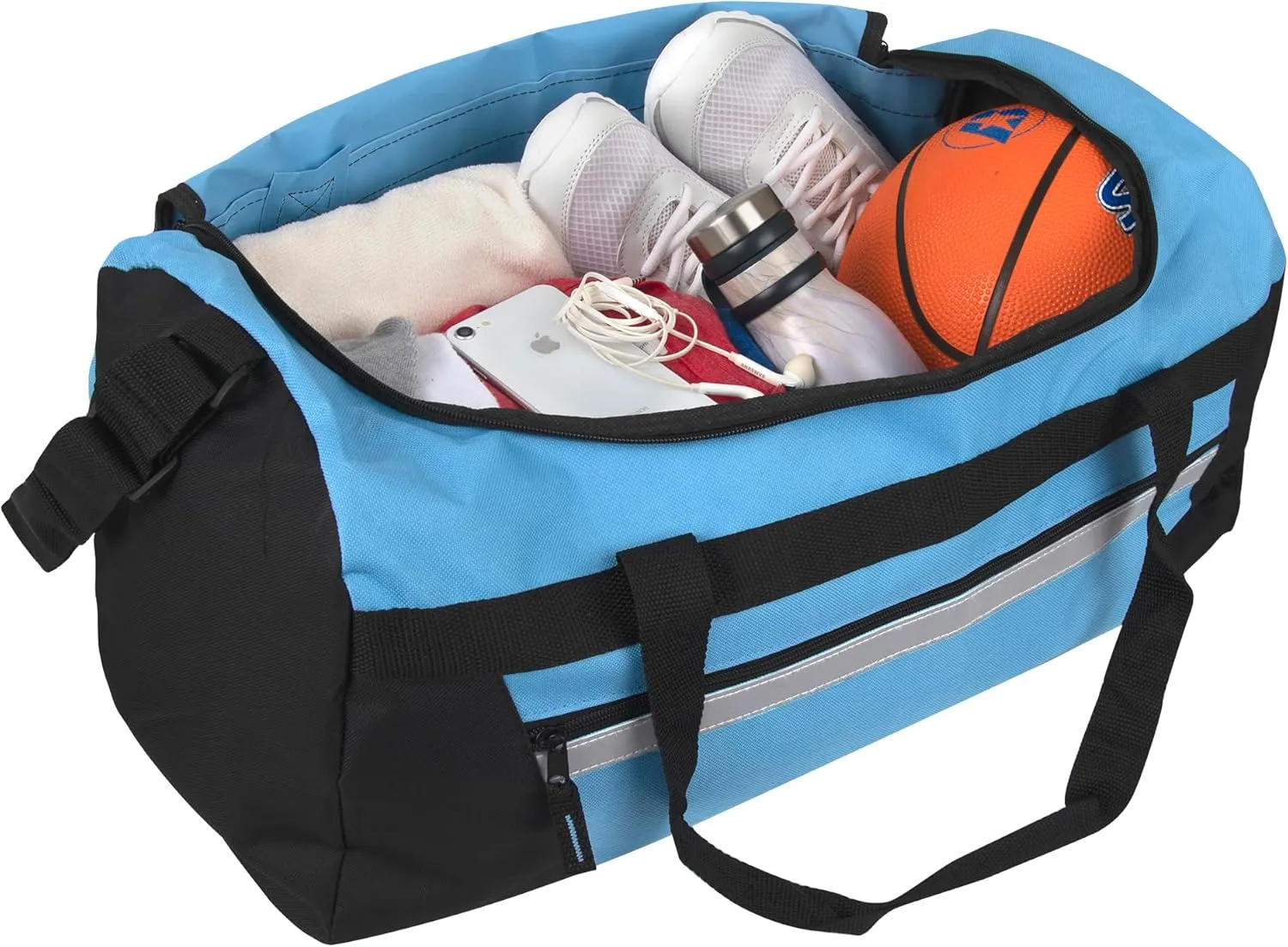 24 Pack Reflective Duffle Bags Bulk for Homeless Adults, Gym, Foster Kids Bulk Duffel Bags Wholesale (Light Blue Pack)