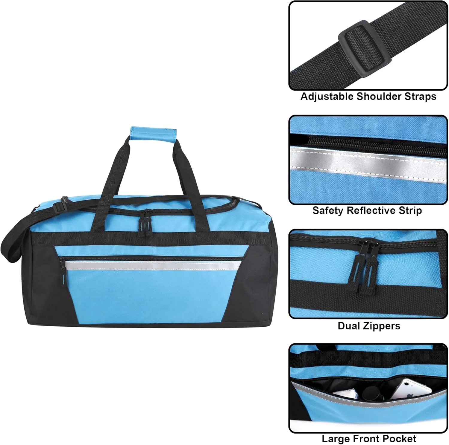 24 Pack Reflective Duffle Bags Bulk for Homeless Adults, Gym, Foster Kids Bulk Duffel Bags Wholesale (Light Blue Pack)