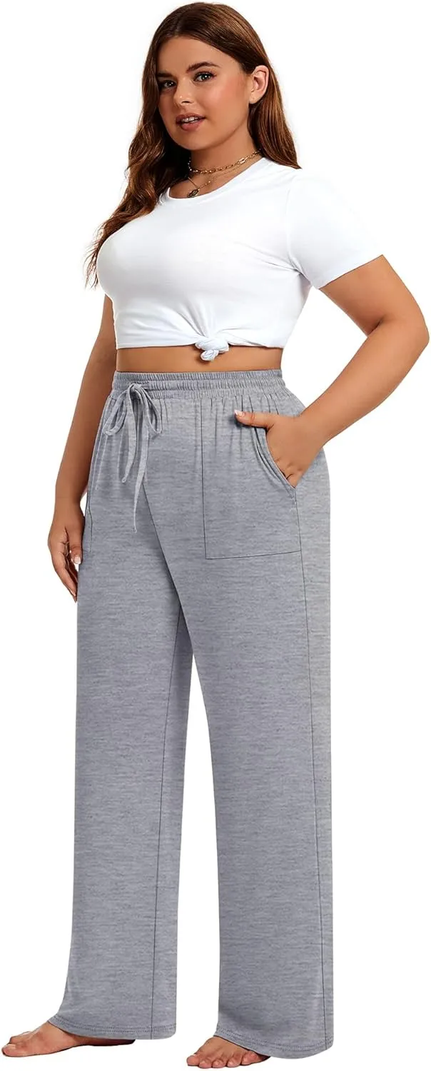 3 Pack Plus Size Pants for Women Wide Leg Casual Pant Drawstring Stretchy Waist Trousers with Pockets