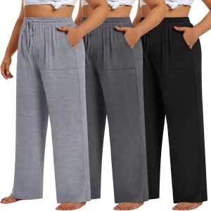 3 Pack Plus Size Pants for Women Wide Leg Casual Pant Drawstring Stretchy Waist Trousers with Pockets