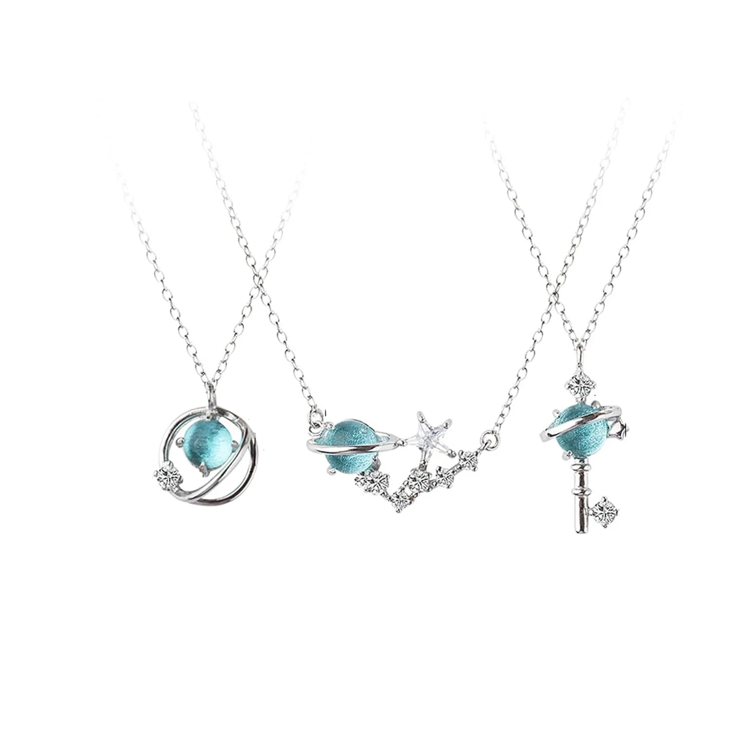 3 PCS Aquamarine Planet Necklace BFF Best Friend Necklace for Girls' Jewelry Handmade Pendant Necklace for Women Space Jewelry Big DipperDiamond KeySaturn necklace Collar Choker for Girl Gift, Women