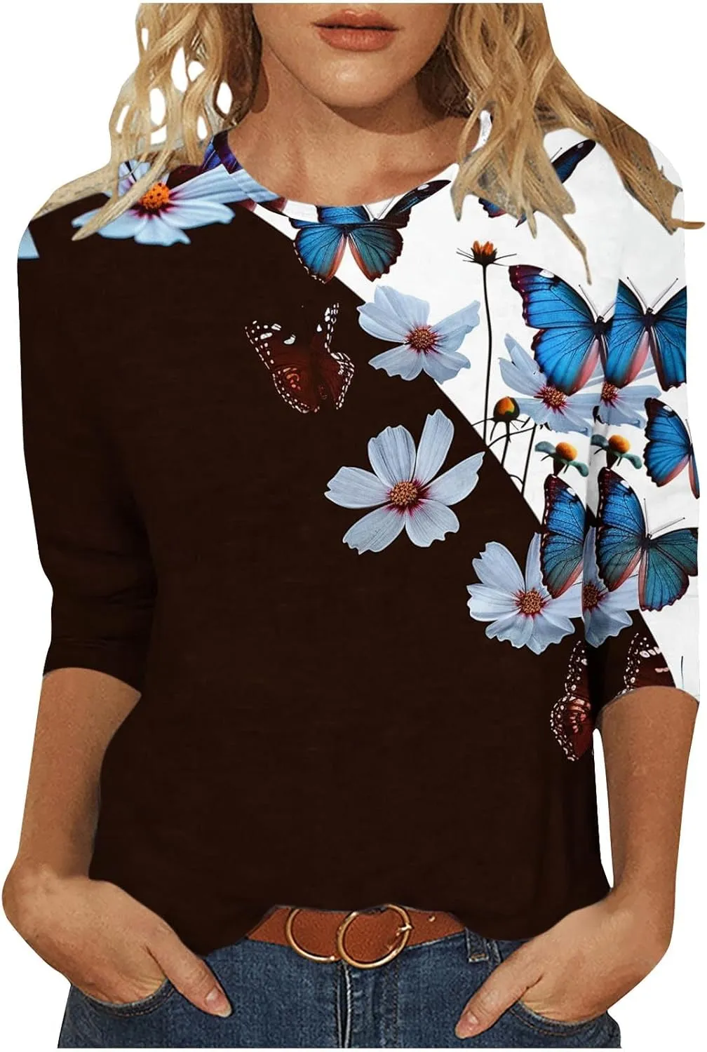 3/4 Sleeve Tops for Women Summer Butterfly Floral Paisley Print Tees Shirt Trendy Ladies Blouse Dressy Casual Clothing