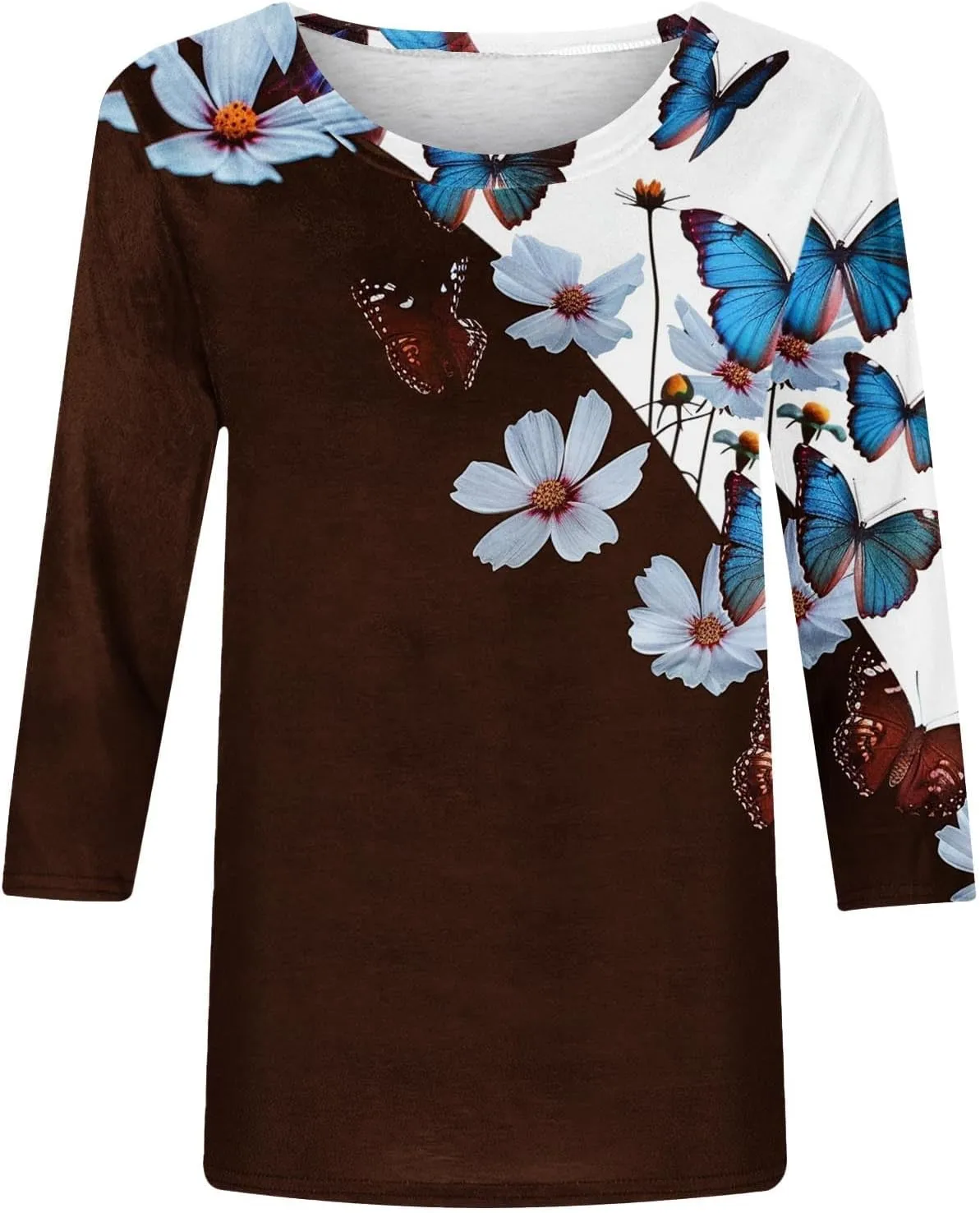 3/4 Sleeve Tops for Women Summer Butterfly Floral Paisley Print Tees Shirt Trendy Ladies Blouse Dressy Casual Clothing