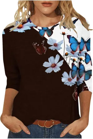 3/4 Sleeve Tops for Women Summer Butterfly Floral Paisley Print Tees Shirt Trendy Ladies Blouse Dressy Casual Clothing
