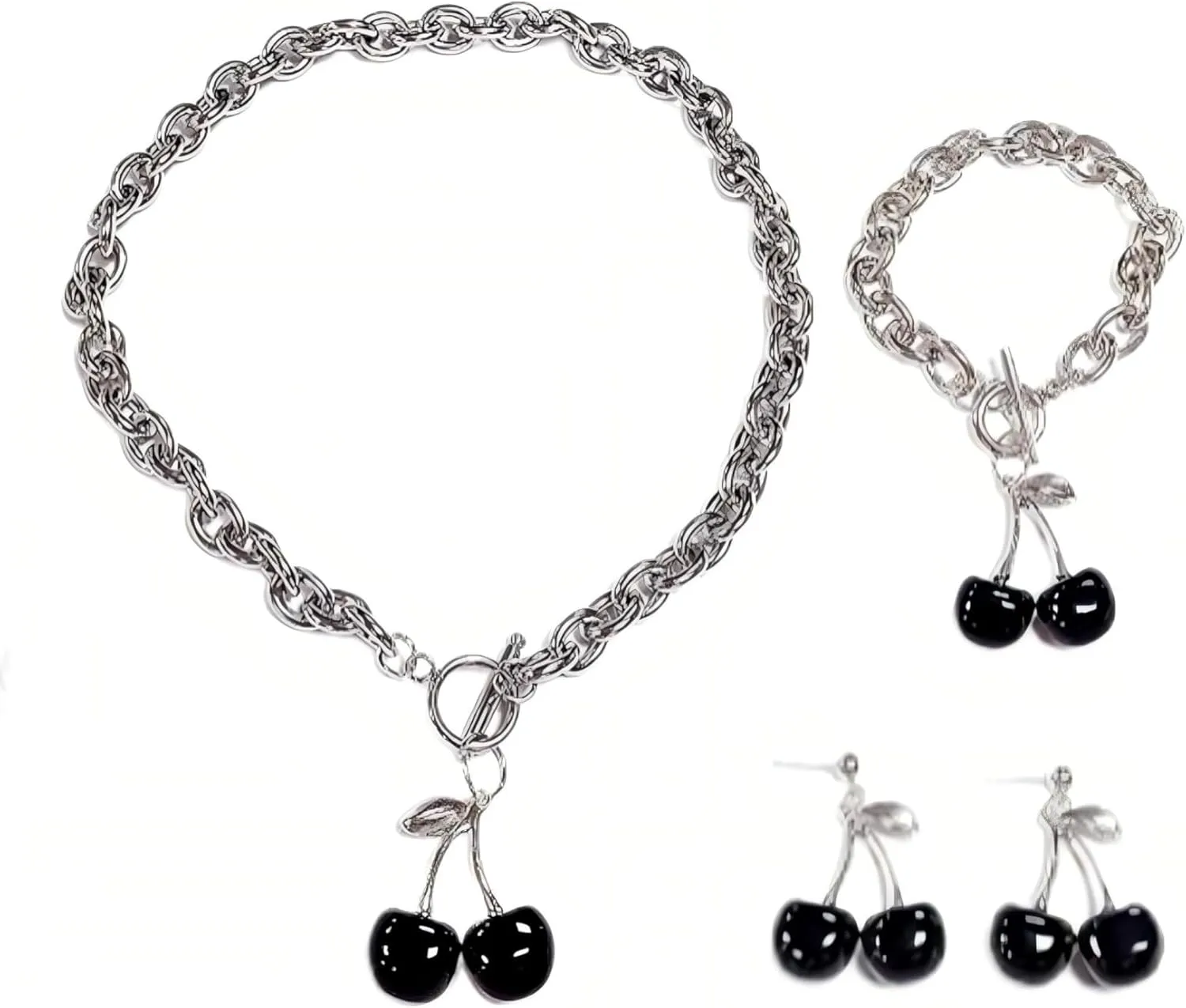 3PC Punk Cherry Pendant Jewelry Gothic Silver Chain Cherry Pendant Necklace Earrings Bracelet Women's Punk Jewelry