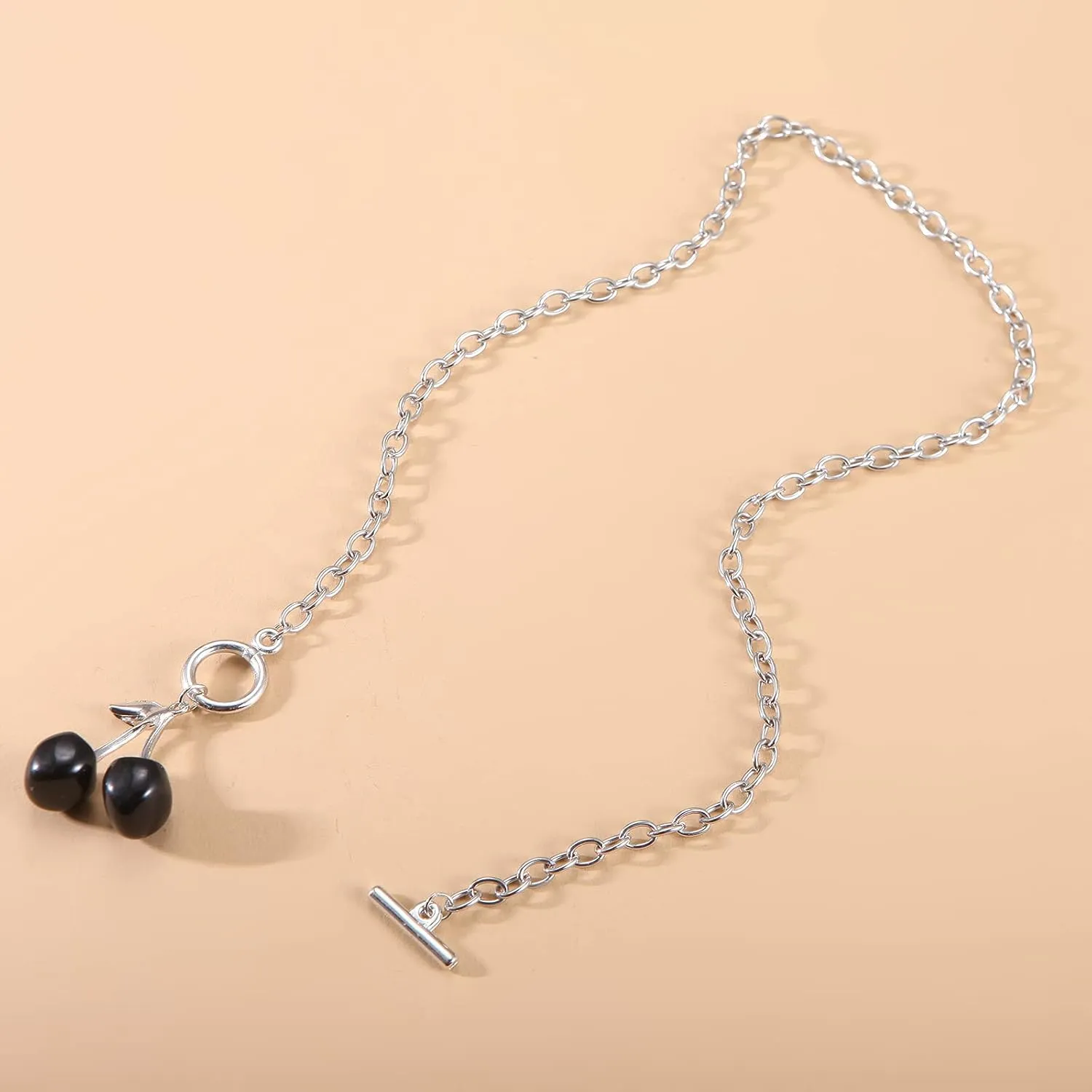 3PC Punk Cherry Pendant Jewelry Gothic Silver Chain Cherry Pendant Necklace Earrings Bracelet Women's Punk Jewelry