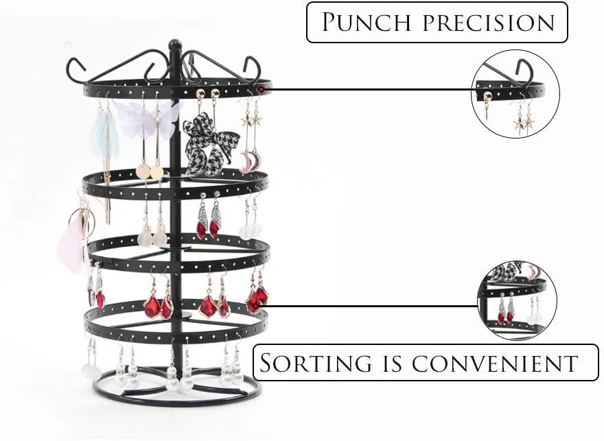 4-Layer Rotating 168-Hole Earring Holder, Musical Jewelry Box for Girls, Travel Jewelry Organizer - Black