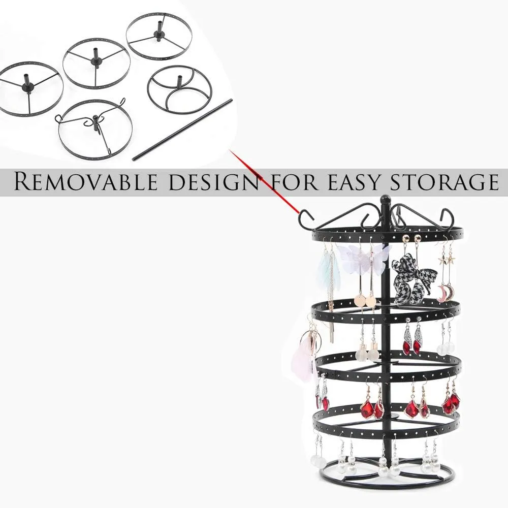 4-Layer Rotating 168-Hole Earring Holder, Musical Jewelry Box for Girls, Travel Jewelry Organizer - Black