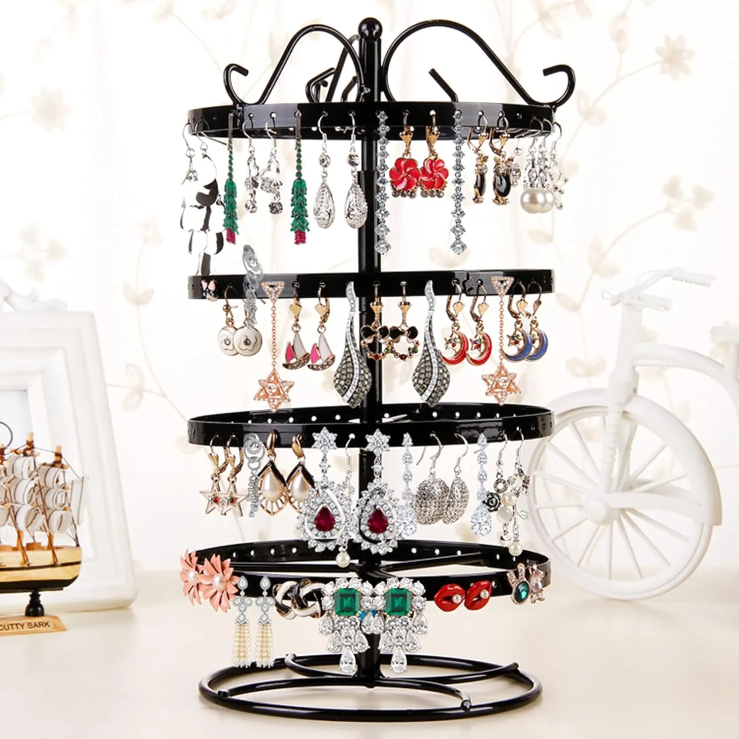 4-Layer Rotating 168-Hole Earring Holder, Musical Jewelry Box for Girls, Travel Jewelry Organizer - Black