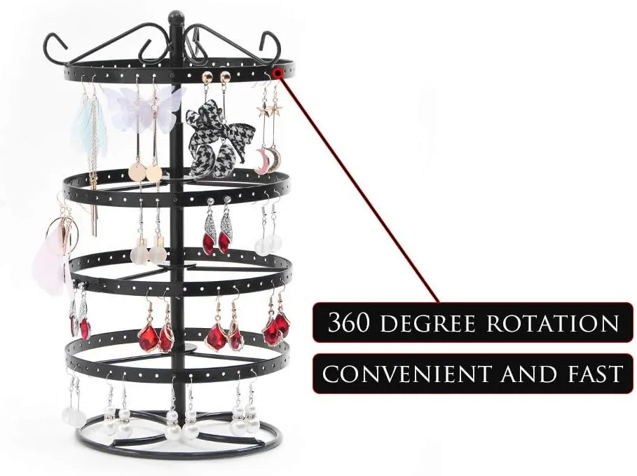 4-Layer Rotating 168-Hole Earring Holder, Musical Jewelry Box for Girls, Travel Jewelry Organizer - Black