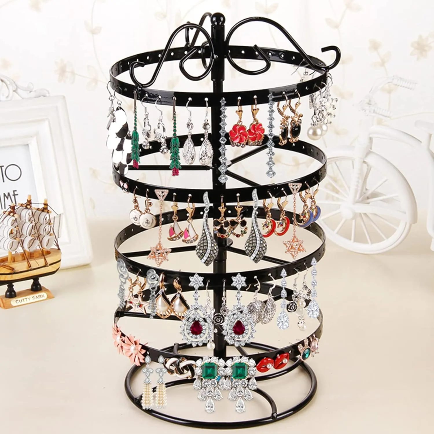 4-Layer Rotating 168-Hole Earring Holder, Musical Jewelry Box for Girls, Travel Jewelry Organizer - Black