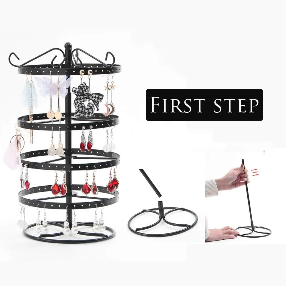 4-Layer Rotating 168-Hole Earring Holder, Musical Jewelry Box for Girls, Travel Jewelry Organizer - Black